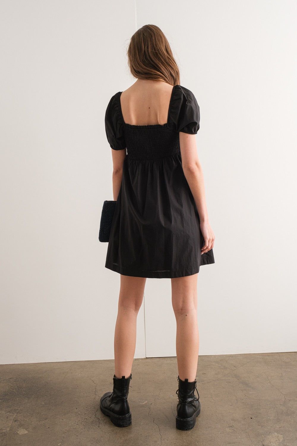 Black Smocked Torso Puff Sleeve Mini Dress sold by Pinkblush product image thumbnail 4