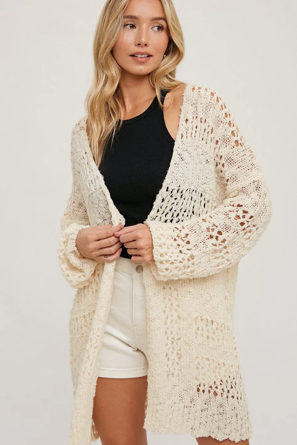 Cream Open Knit Long Cardigan sold by Pinkblush
