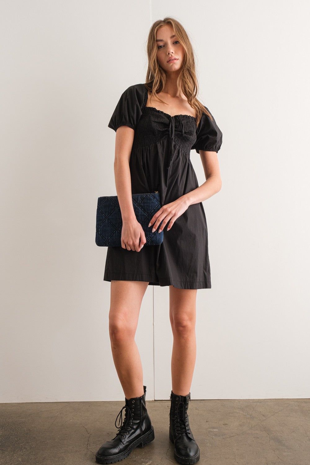 Black Smocked Torso Puff Sleeve Mini Dress sold by Pinkblush product image thumbnail 2