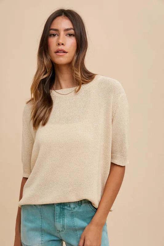 Beige Knit Short Sleeve Top sold by Pinkblush