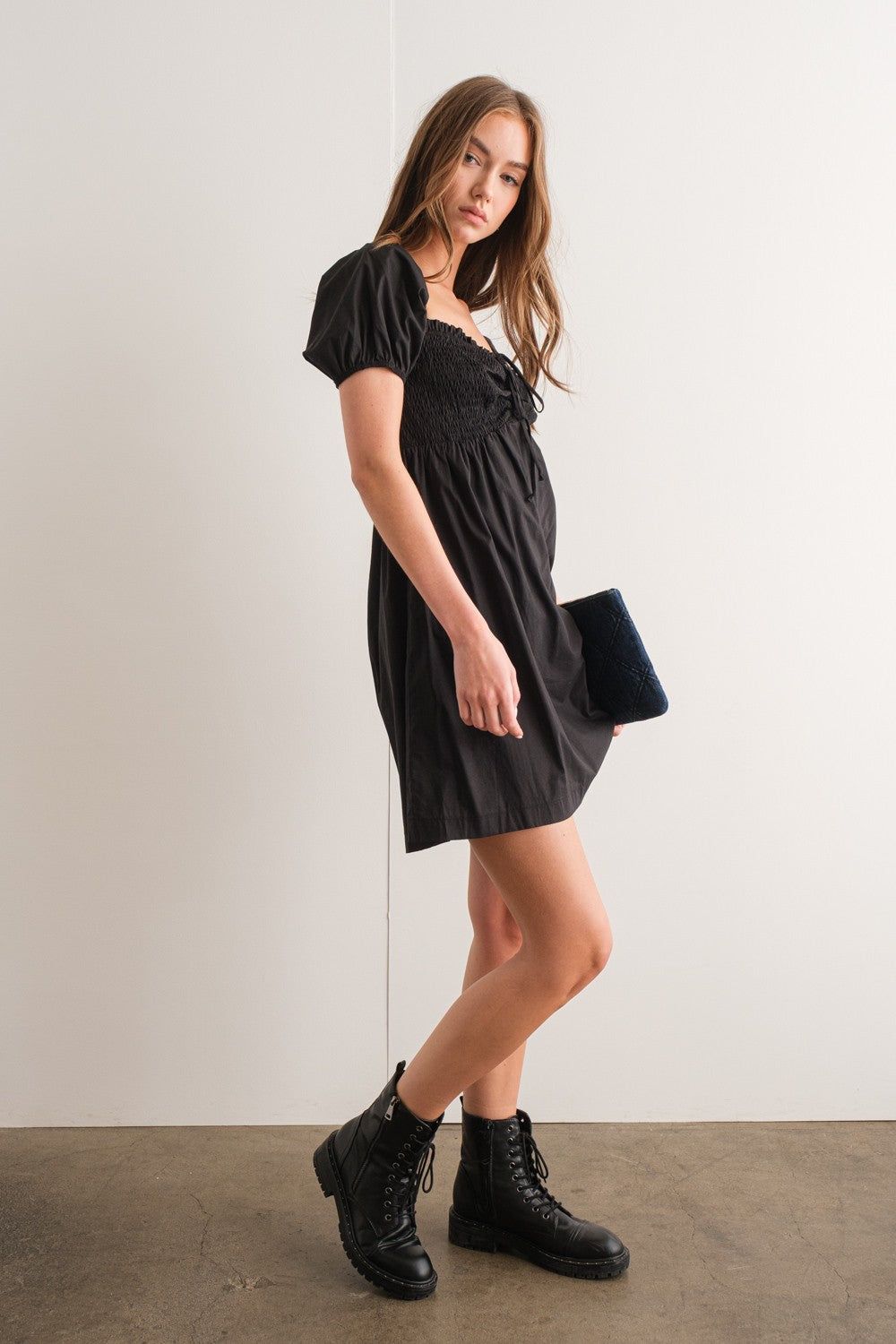 Black Smocked Torso Puff Sleeve Mini Dress sold by Pinkblush product image thumbnail 3