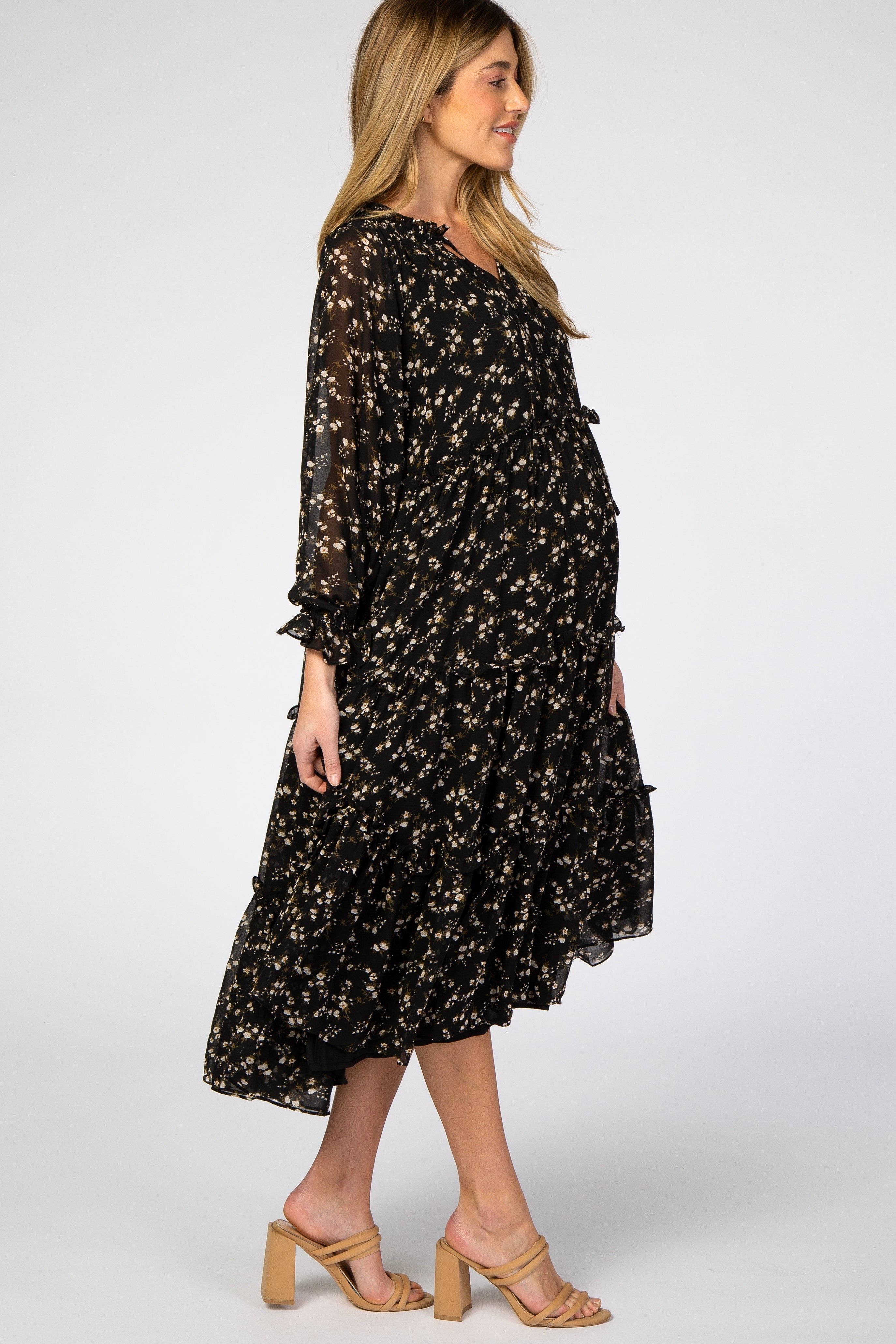 Black Floral Chiffon Tiered Maternity Midi Dress sold by Pinkblush product image thumbnail 2