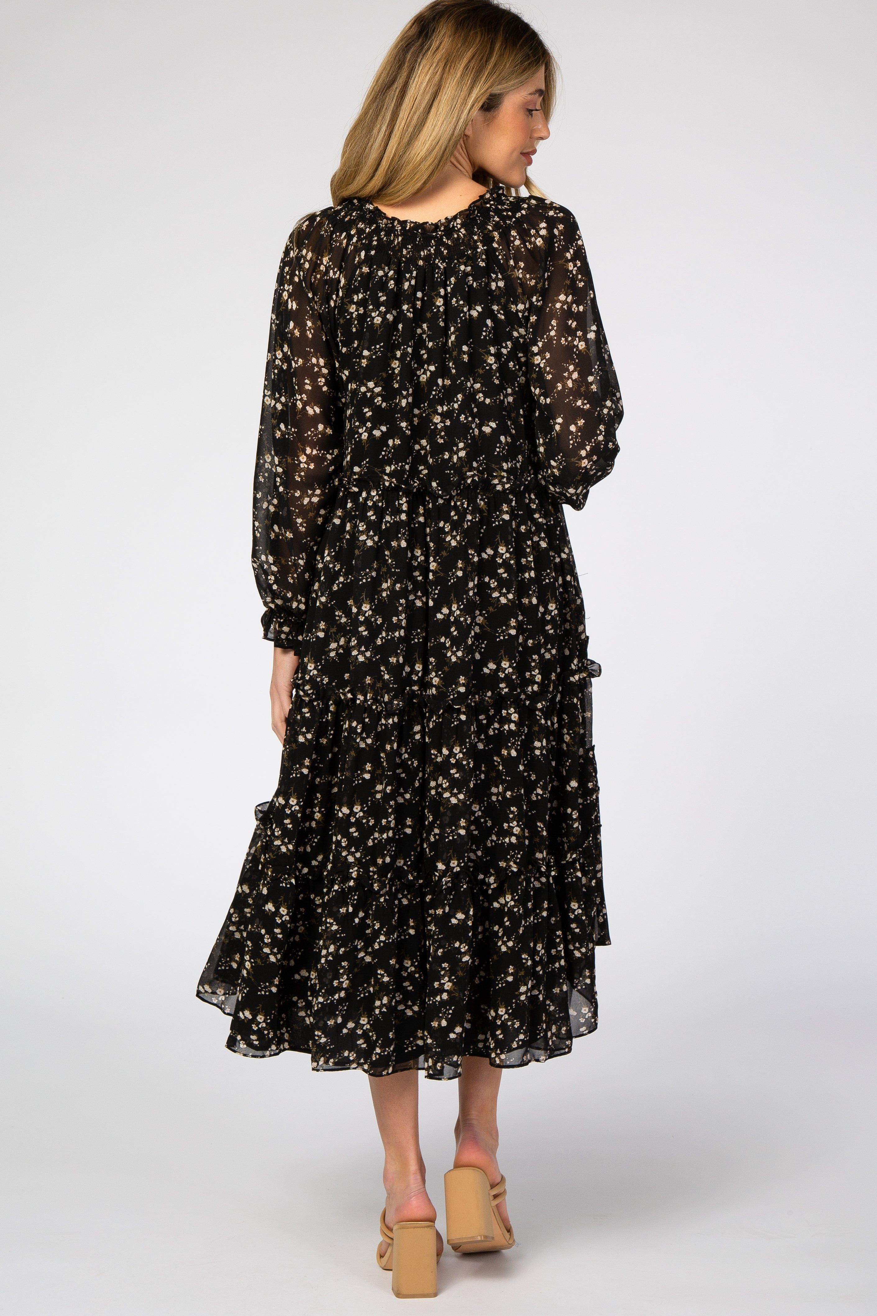 Black Floral Chiffon Tiered Maternity Midi Dress sold by Pinkblush product image thumbnail 3