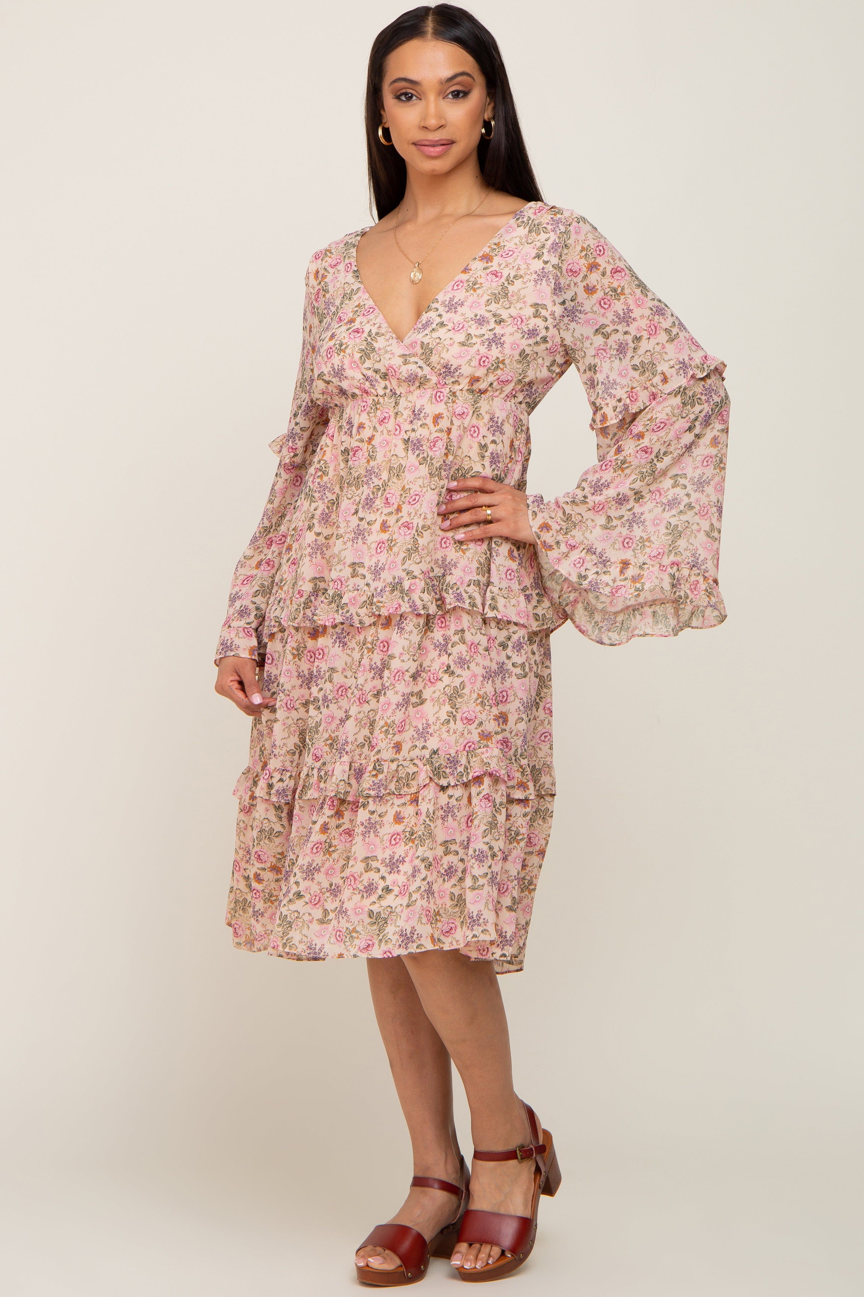 Pink Floral Long Sleeve Ruffle Tiered Dress sold by Pinkblush product image thumbnail 7