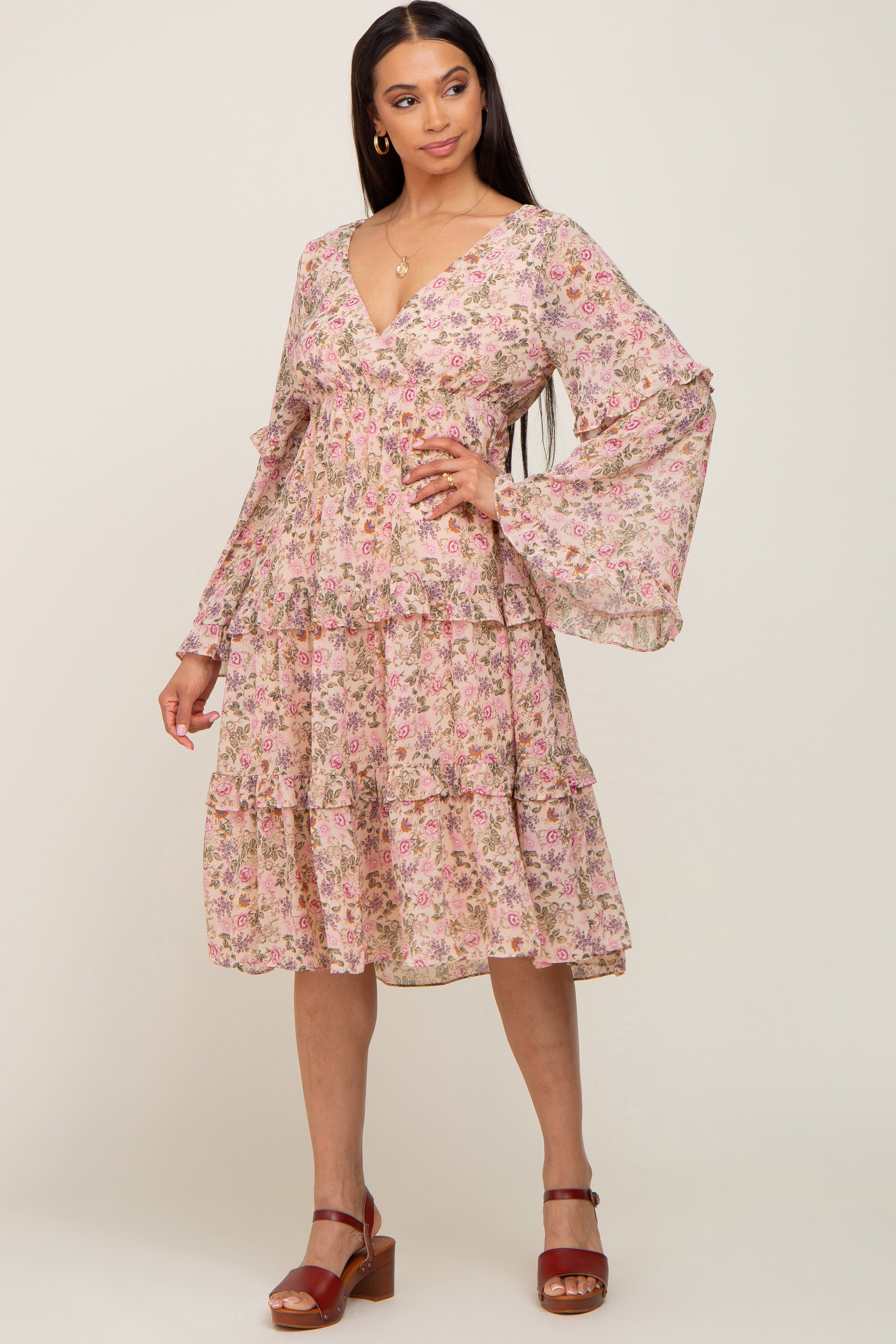 Pink Floral Long Sleeve Ruffle Tiered Dress sold by Pinkblush
