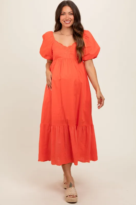 Coral Eyelet Scalloped V-Neck Short Puff Sleeve Maternity Midi Dress sold by Pinkblush