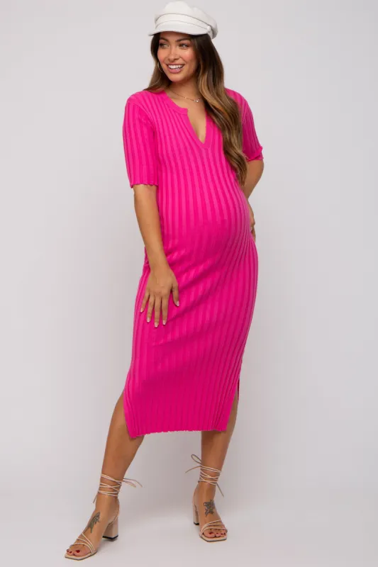 Fuchsia Ribbed Knit Maternity Midi Dress sold by Pinkblush