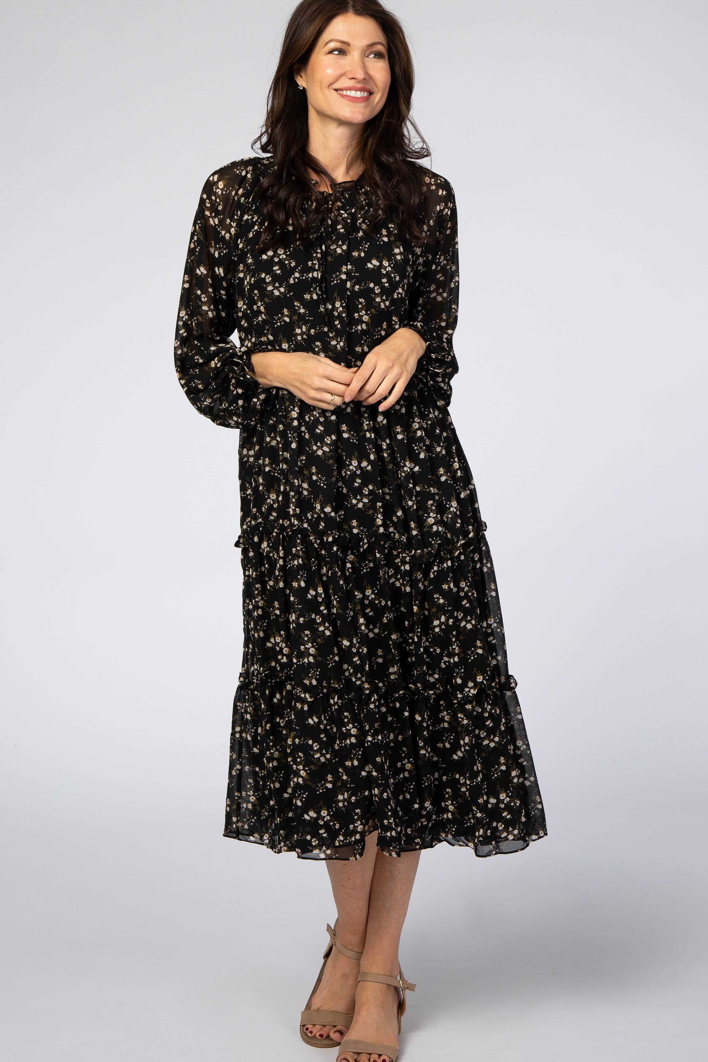 Black Floral Chiffon Tiered Maternity Midi Dress sold by Pinkblush product image thumbnail 4