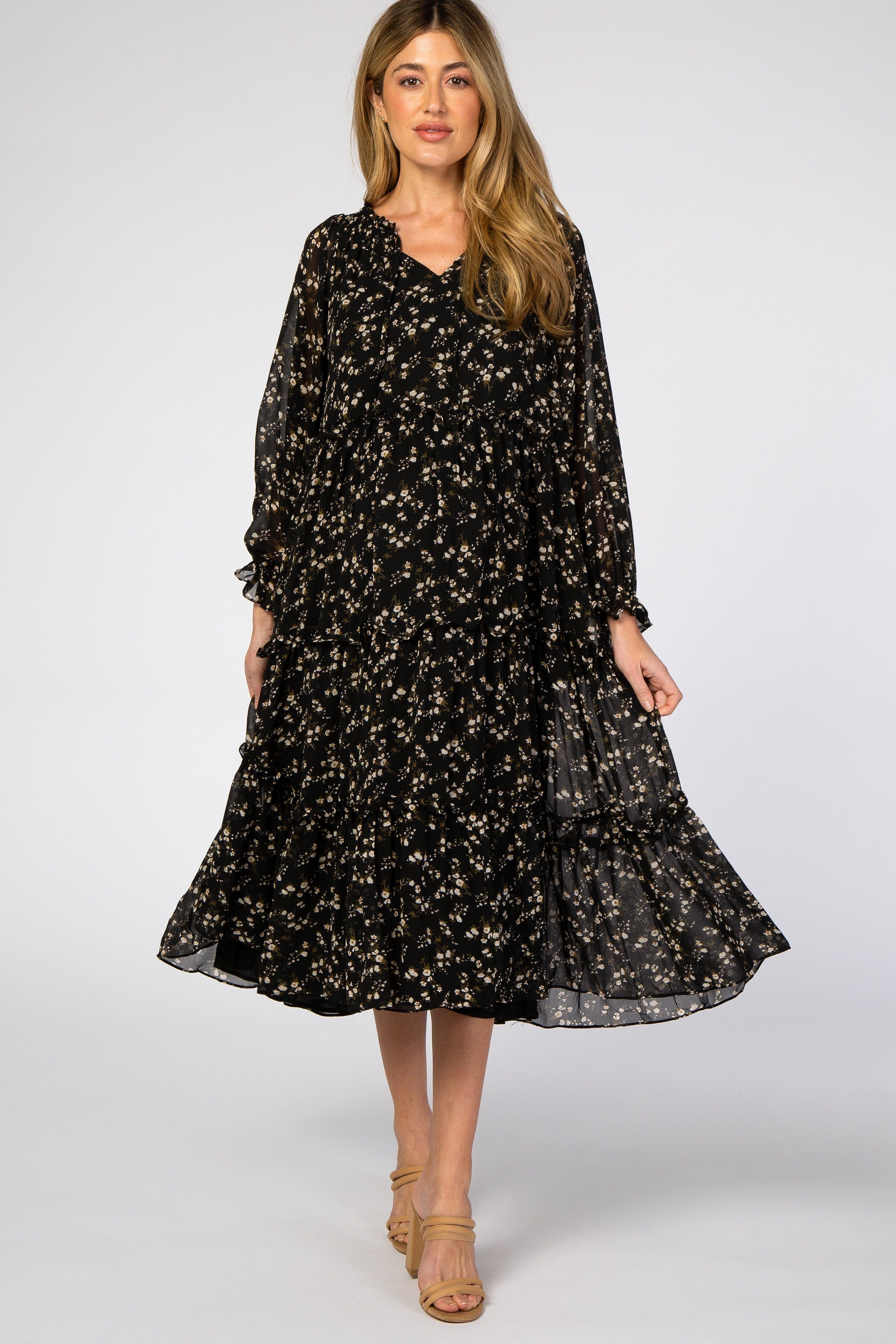 Black Floral Chiffon Tiered Maternity Midi Dress sold by Pinkblush