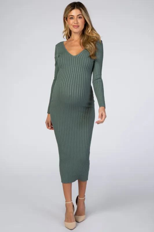 Olive V-Neck Long Sleeve Fitted Maternity Maxi Dress sold by Pinkblush