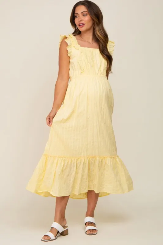 Yellow Lace Pleated Maternity Midi Dress sold by Pinkblush