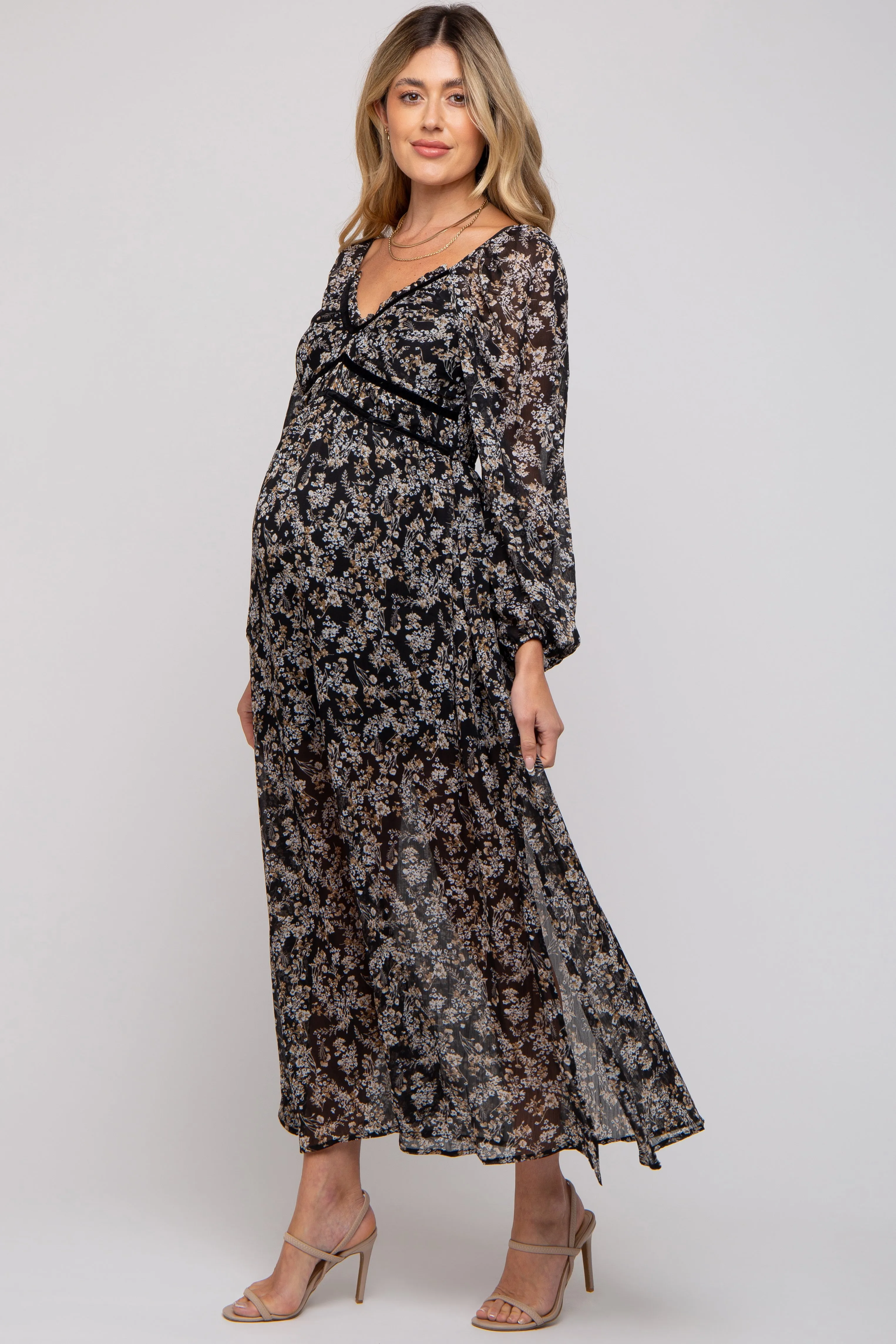 Black Floral Chiffon V-Neck Velvet Trim Maternity Maxi Dress sold by Pinkblush product image thumbnail 2