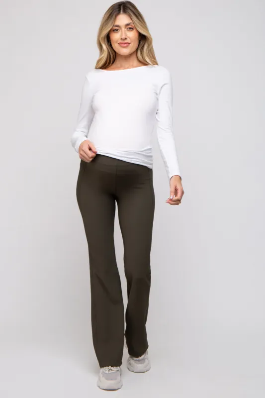 Olive Ribbed Maternity Flared Leggings sold by Pinkblush