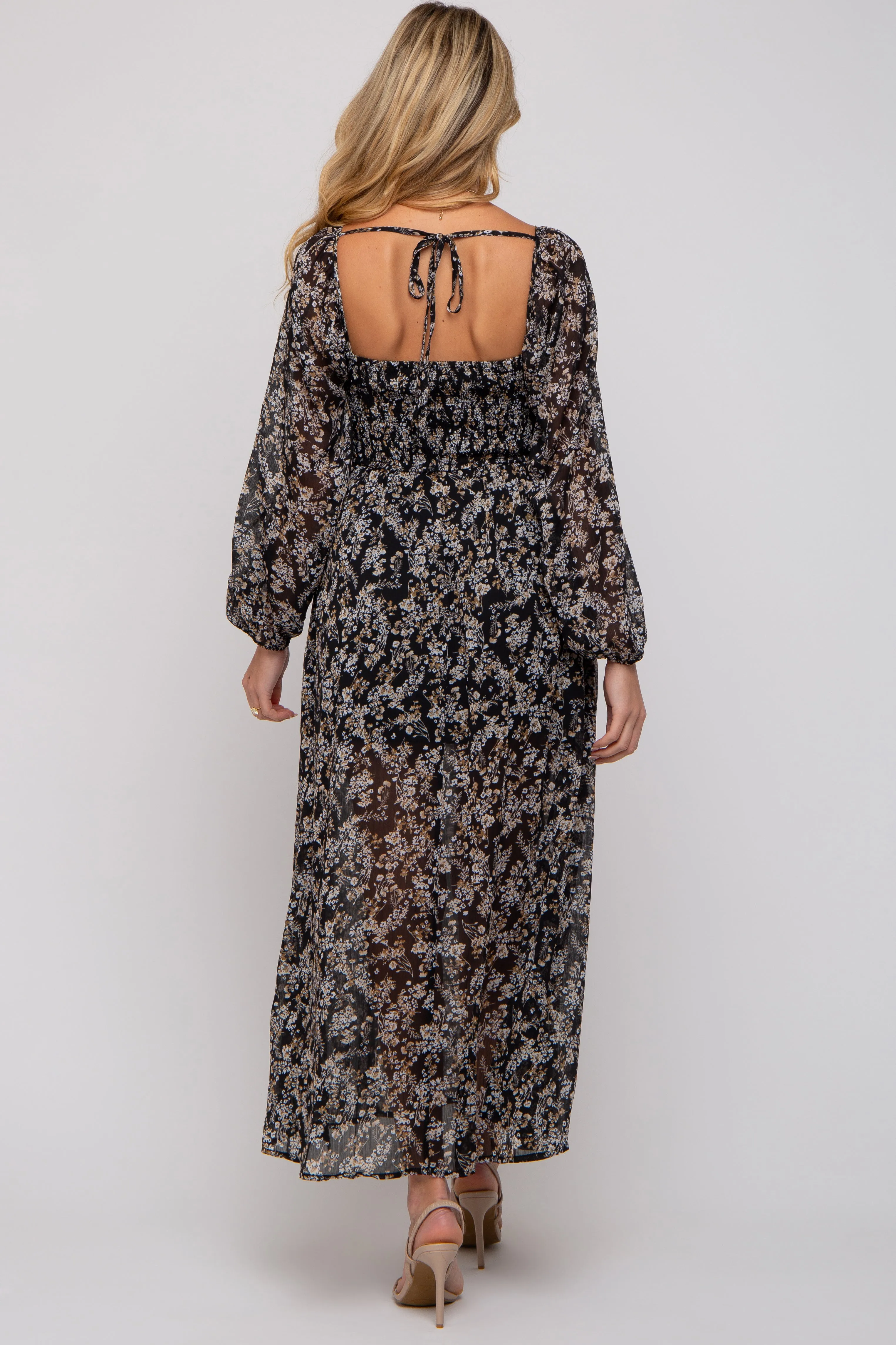 Black Floral Chiffon V-Neck Velvet Trim Maternity Maxi Dress sold by Pinkblush product image thumbnail 3