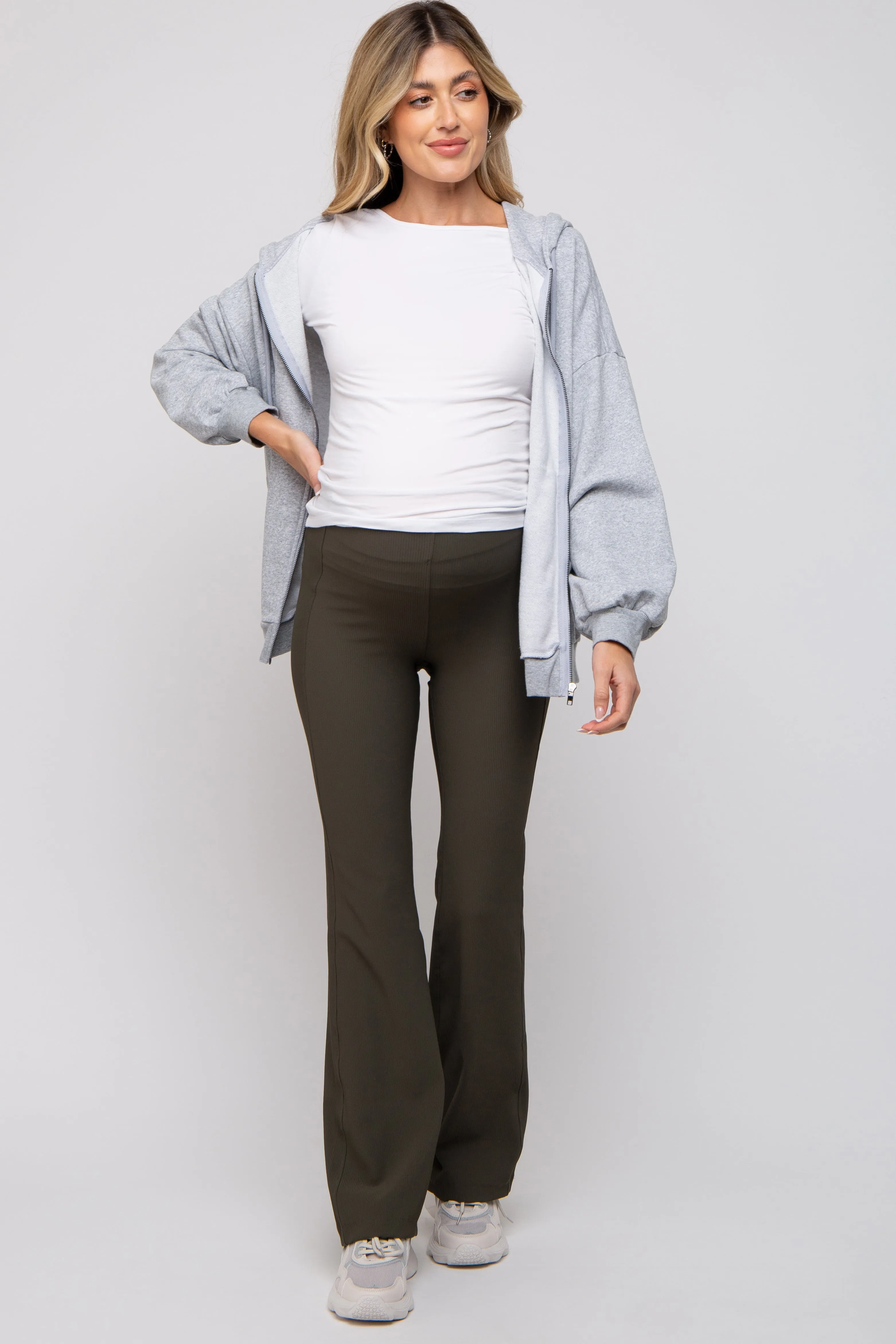 Olive Ribbed Maternity Flared Leggings sold by Pinkblush product image thumbnail 2