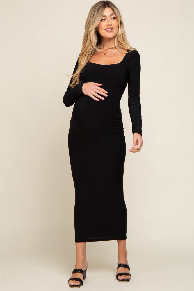 Black Square Neck Fitted Long Sleeve Maternity Maxi Dress sold by Pinkblush product image thumbnail 5