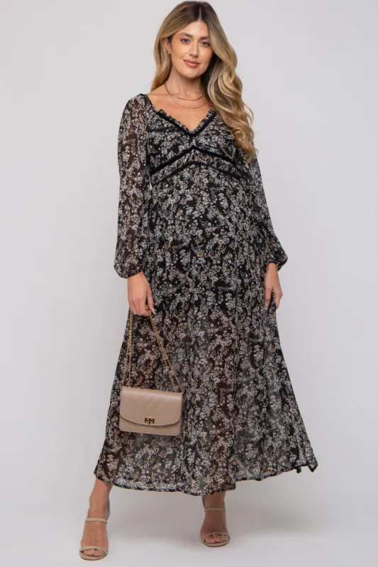 Black Floral Chiffon V-Neck Velvet Trim Maternity Maxi Dress sold by Pinkblush