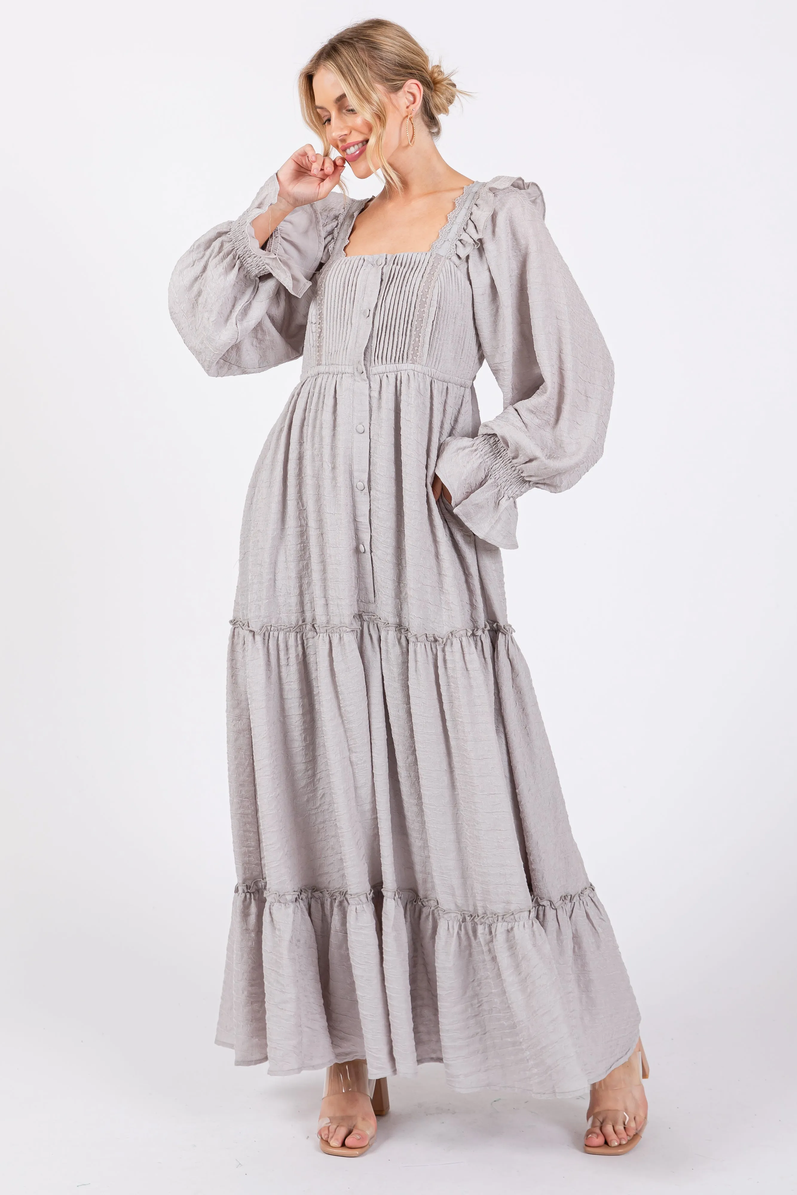 Grey Button Pleated Front Square Neck Ruffle Tiered Maxi Dress sold by Pinkblush