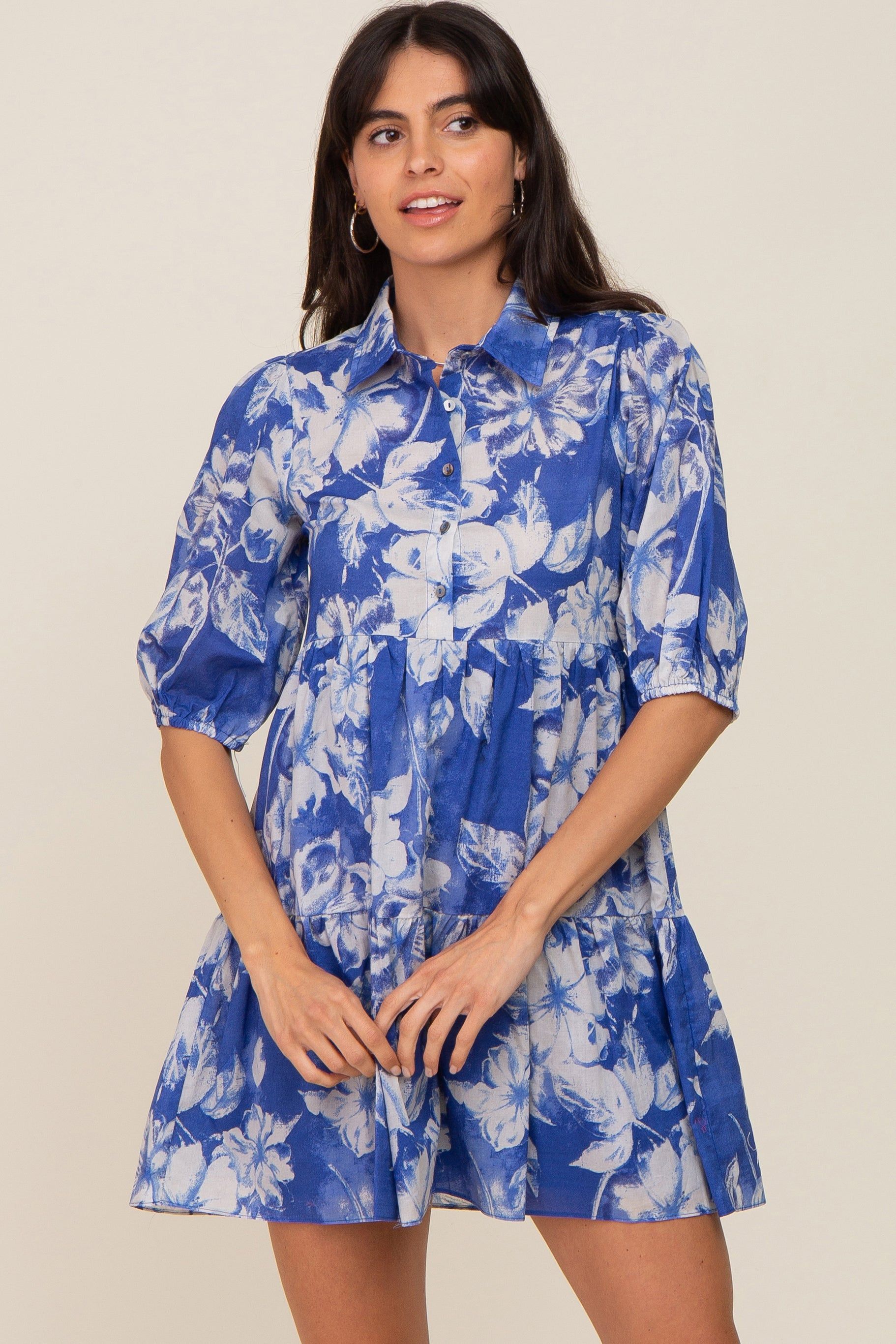Royal Blue Floral Collared Puff Sleeve Maternity Dress sold by Pinkblush product image thumbnail 5