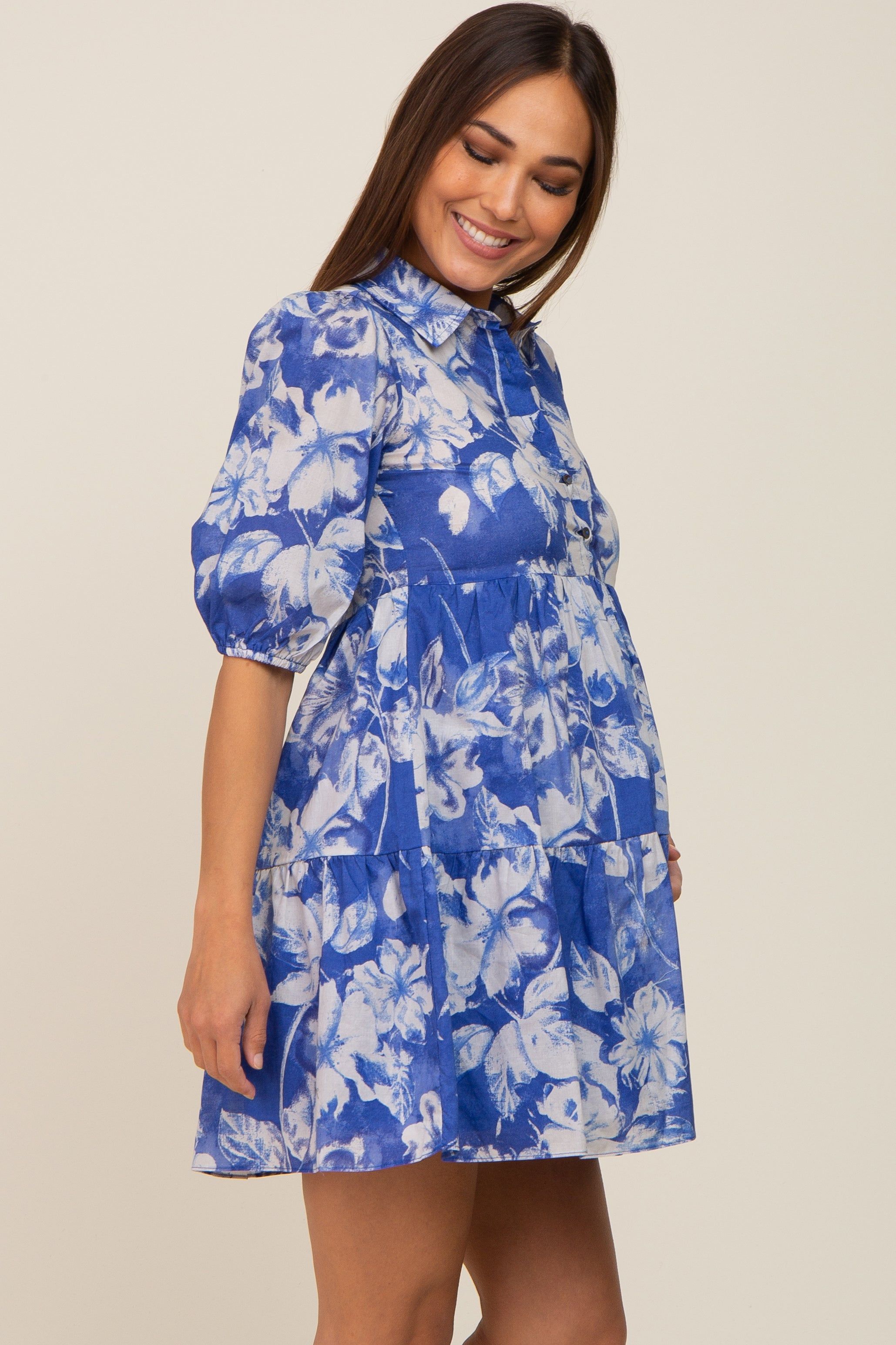 Royal Blue Floral Collared Puff Sleeve Maternity Dress sold by Pinkblush product image thumbnail 2