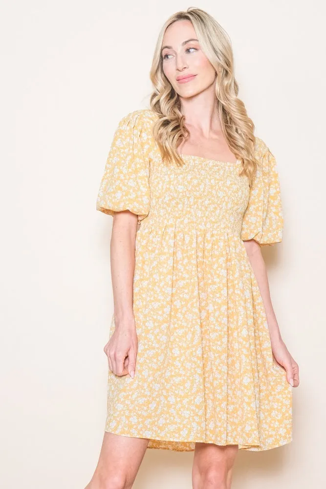 Yellow Floral Smocked Tie Back Dress sold by Pinkblush