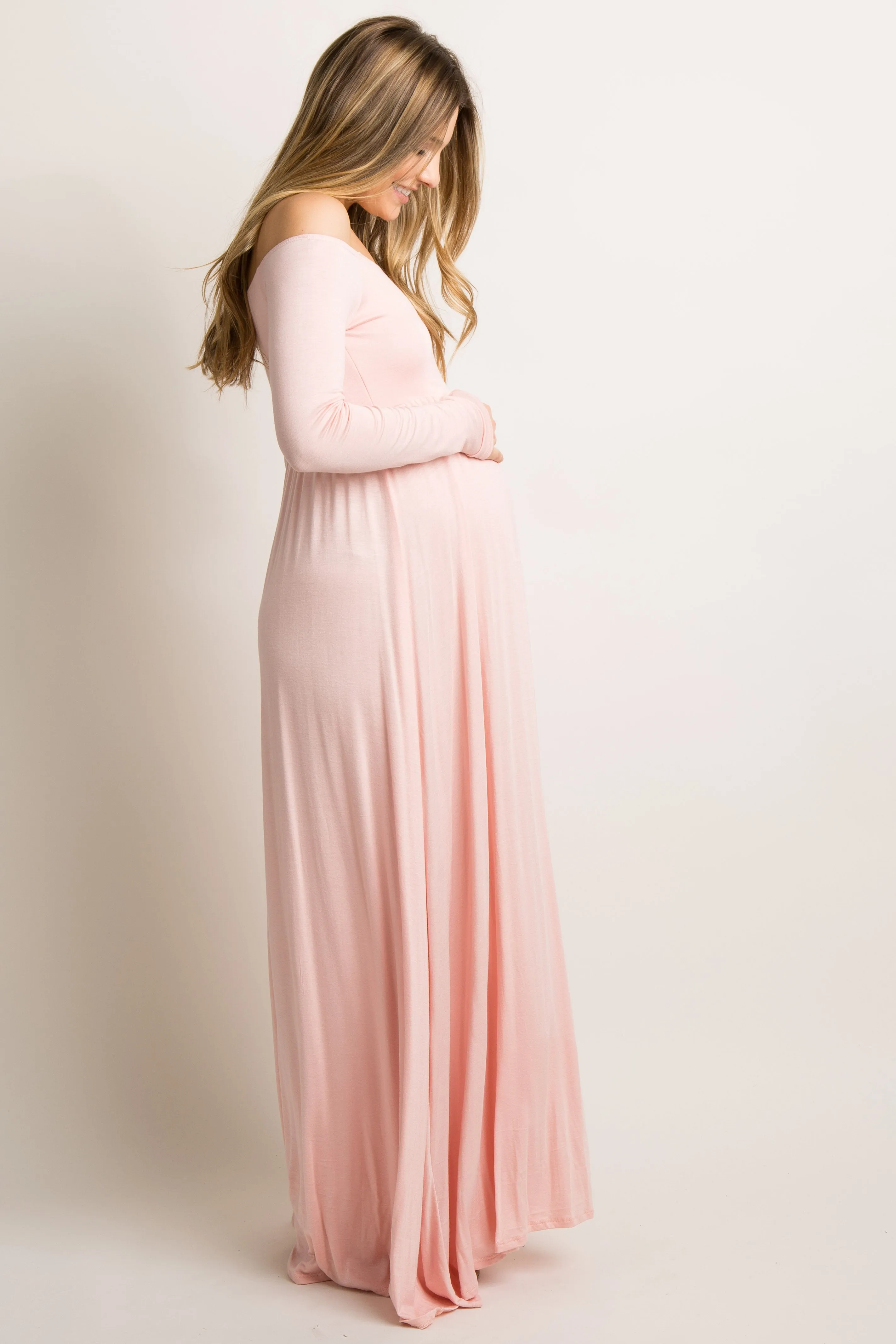 PinkBlush Petite Pink Solid Off Shoulder Maternity Maxi Dress sold by Pinkblush product image thumbnail 4