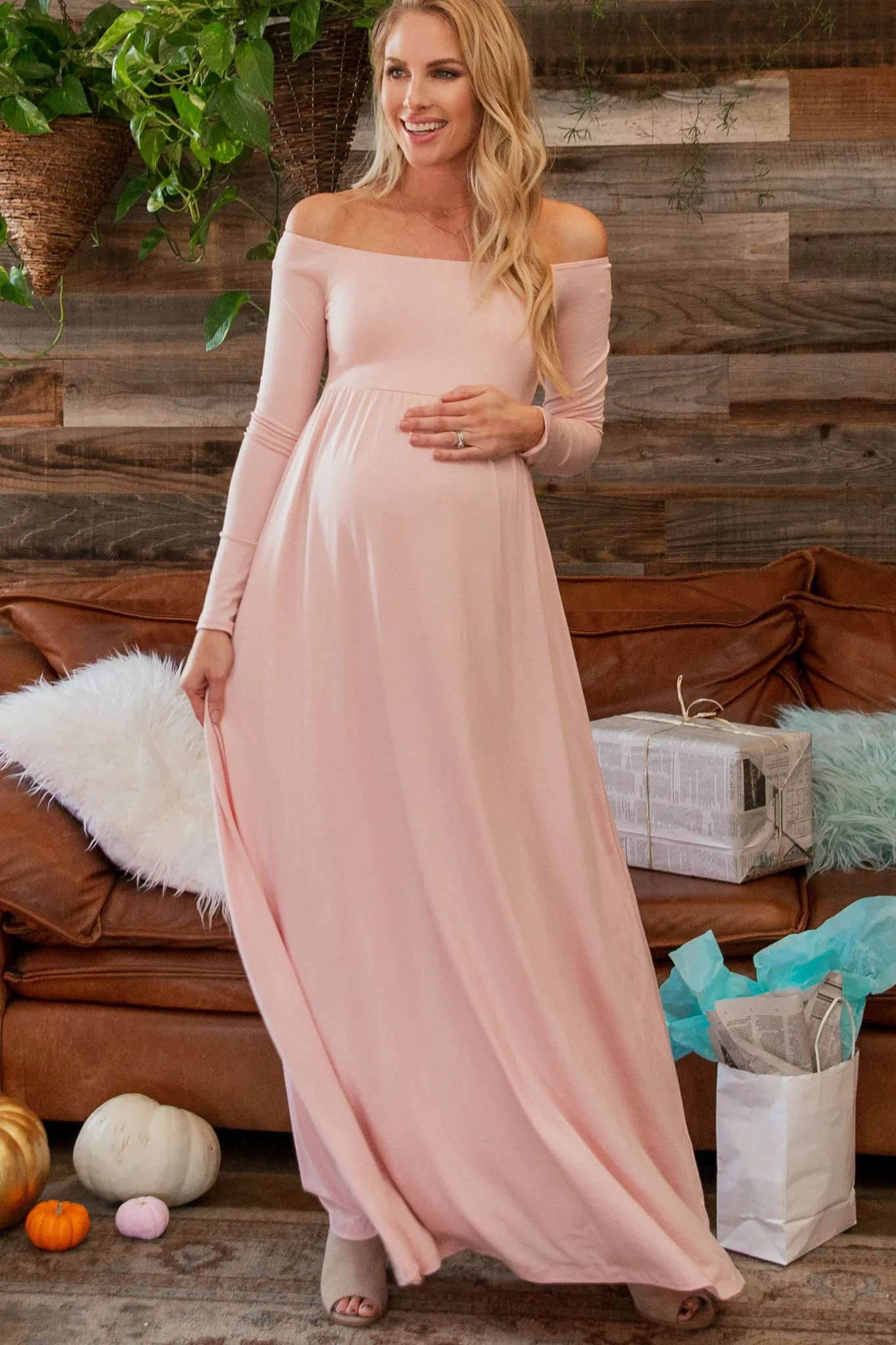 PinkBlush Petite Pink Solid Off Shoulder Maternity Maxi Dress sold by Pinkblush