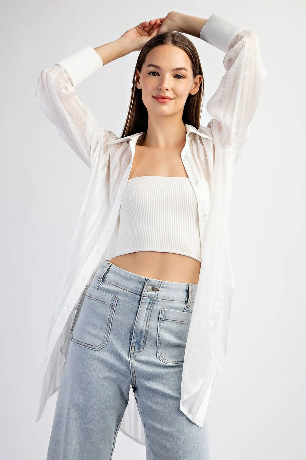 White Sheer Stripe Button Down Blouse sold by Pinkblush