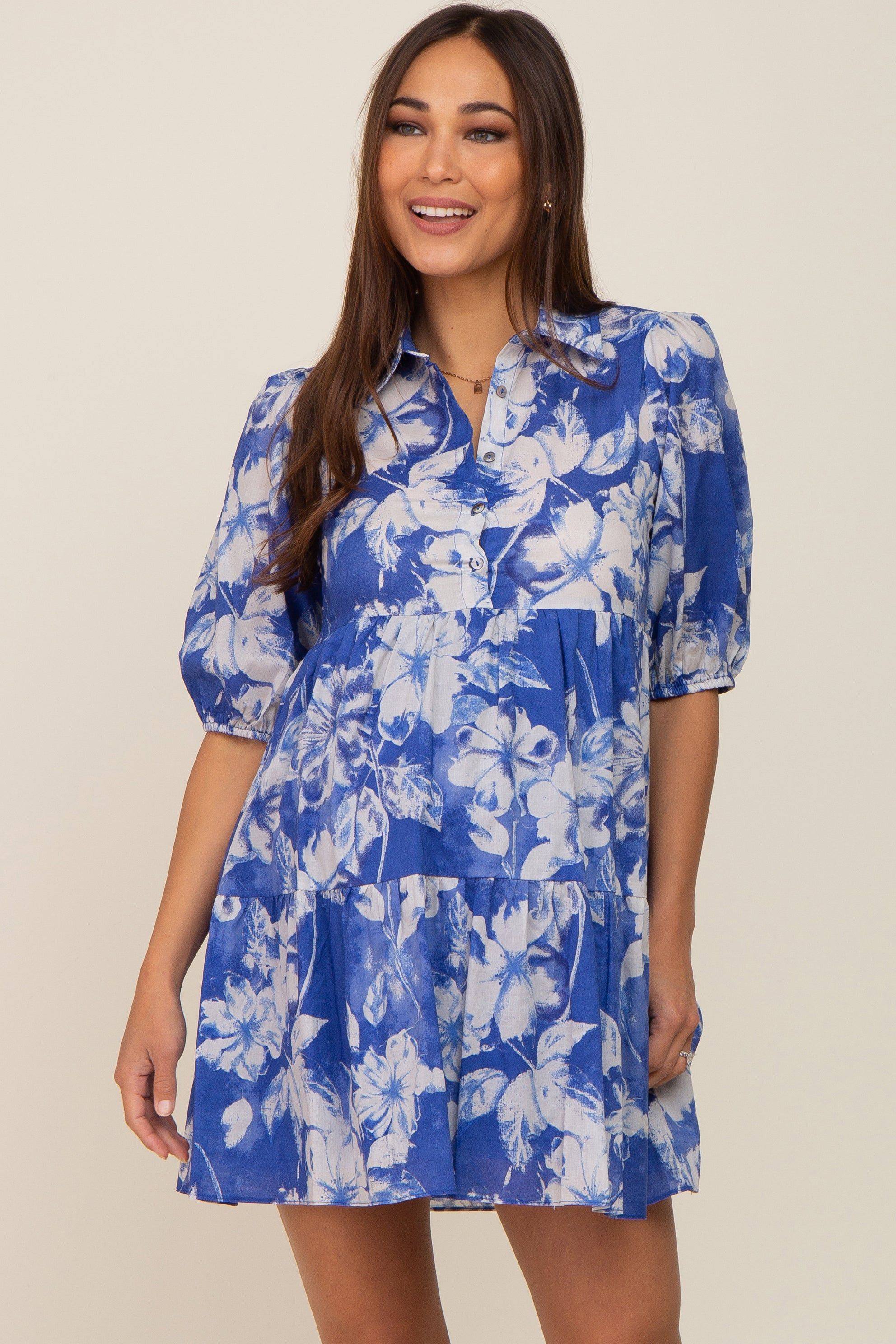 Royal Blue Floral Collared Puff Sleeve Maternity Dress sold by Pinkblush
