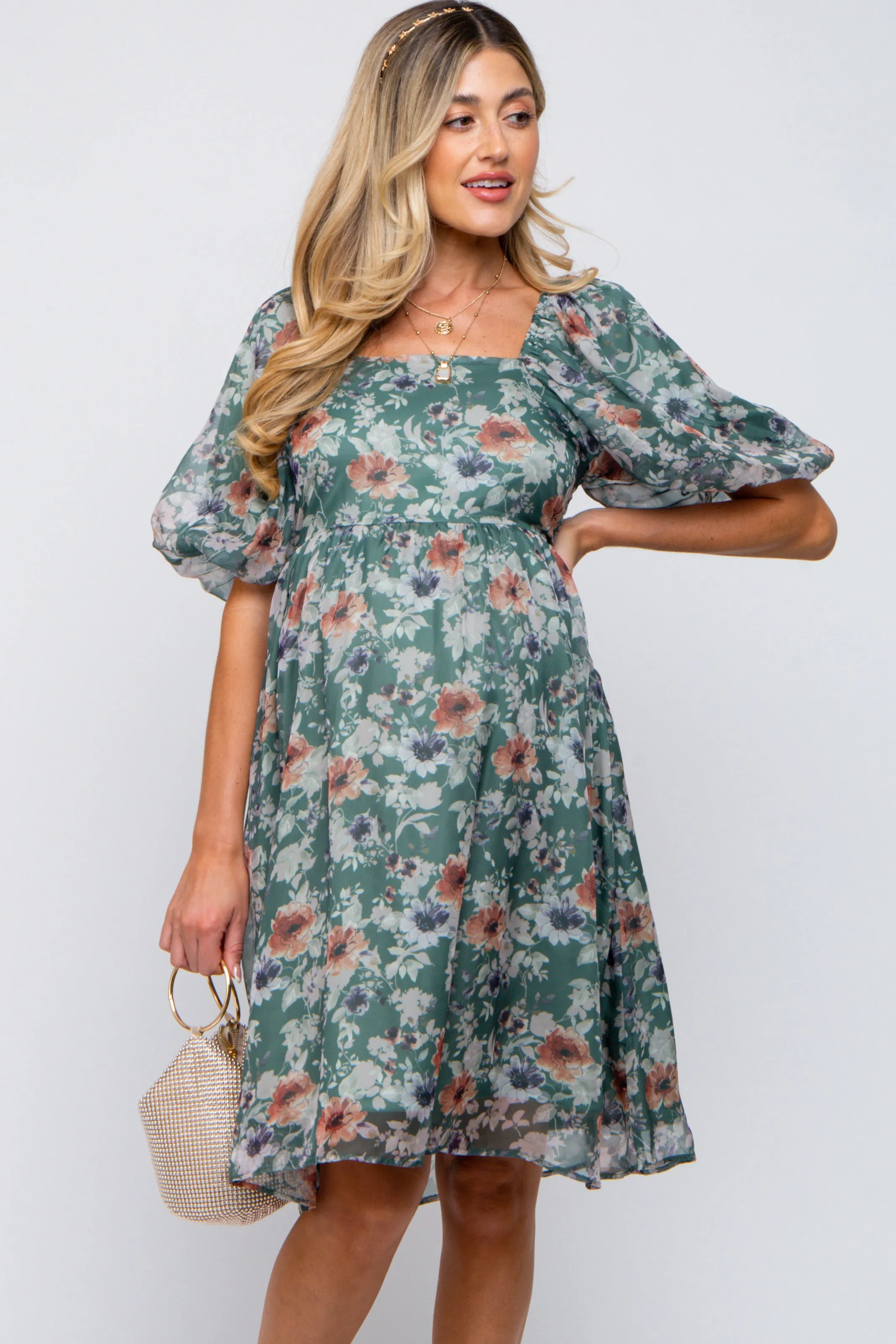 Green Floral Puff Sleeve Maternity Dress sold by Pinkblush product image thumbnail 3