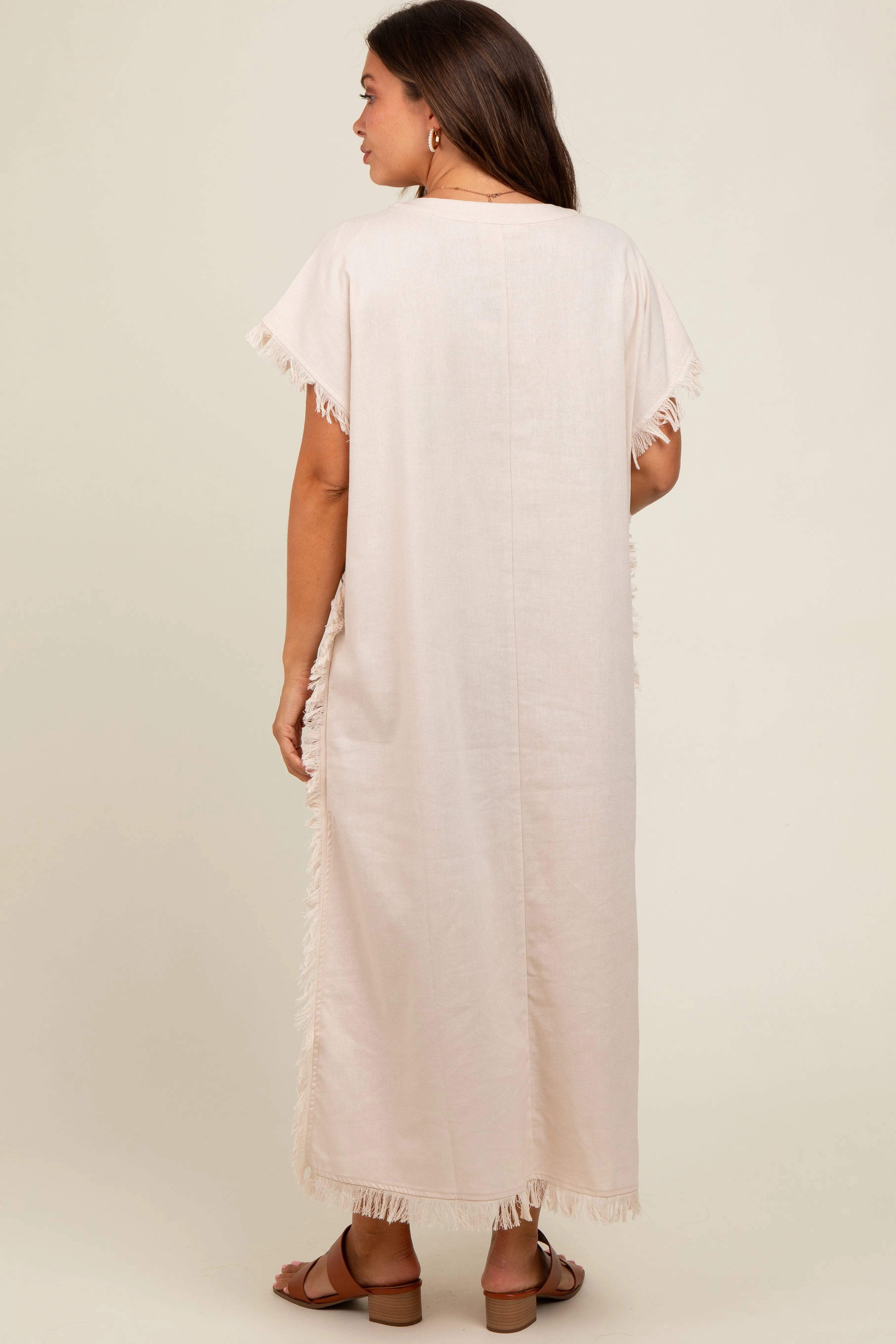 Cream Linen Fringe Accent Side Slit Maternity Midi Dress sold by Pinkblush product image thumbnail 3