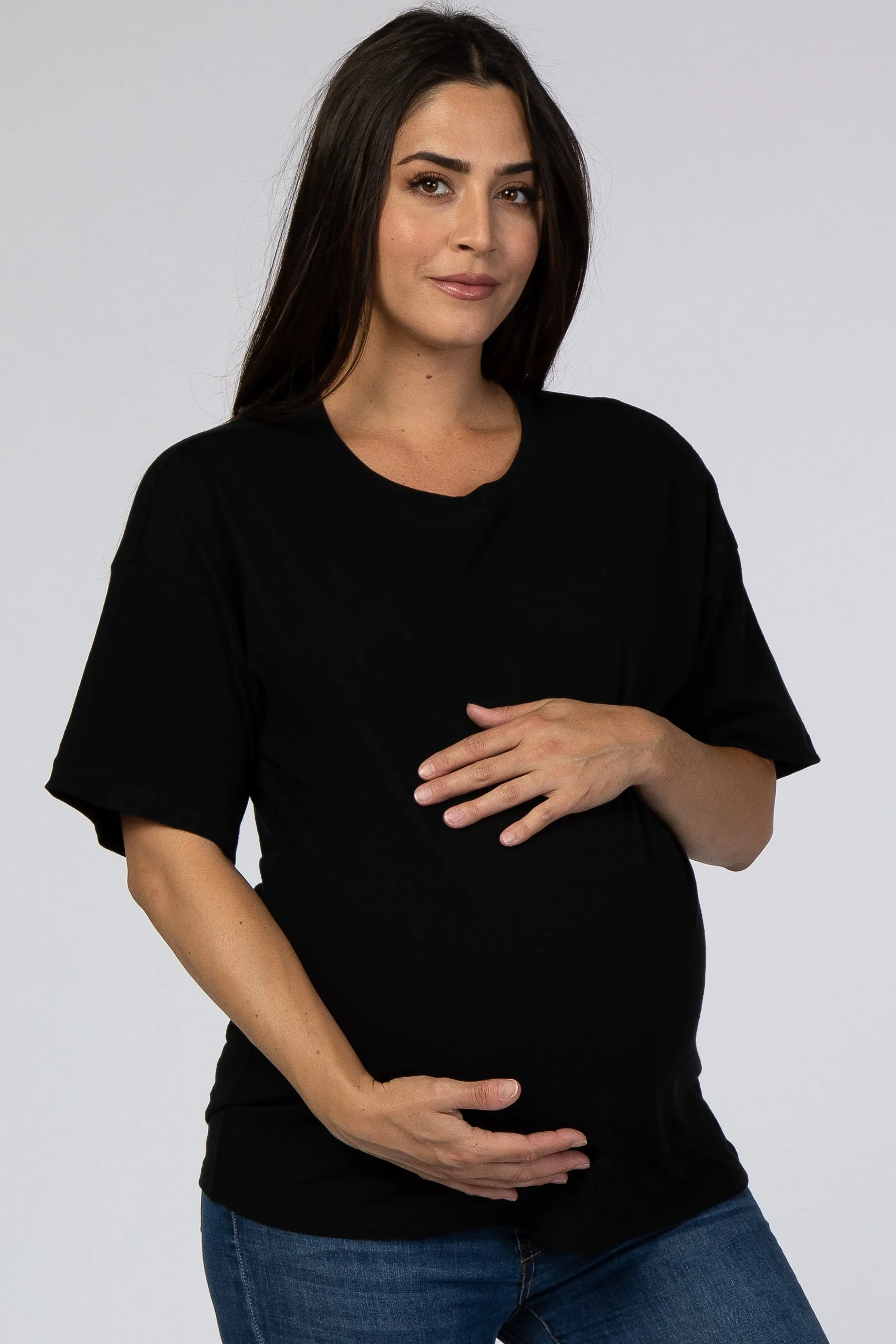 Black Basic Short Sleeve Maternity Tee sold by Pinkblush