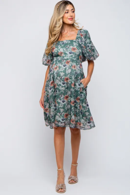 Green Floral Puff Sleeve Maternity Dress sold by Pinkblush
