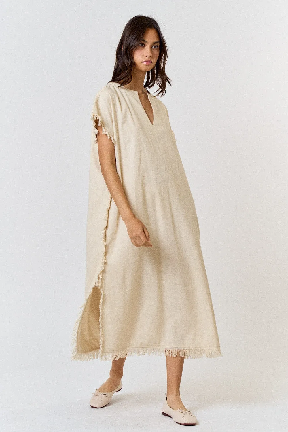 Cream Linen Fringe Accent Side Slit Maternity Midi Dress sold by Pinkblush product image thumbnail 4