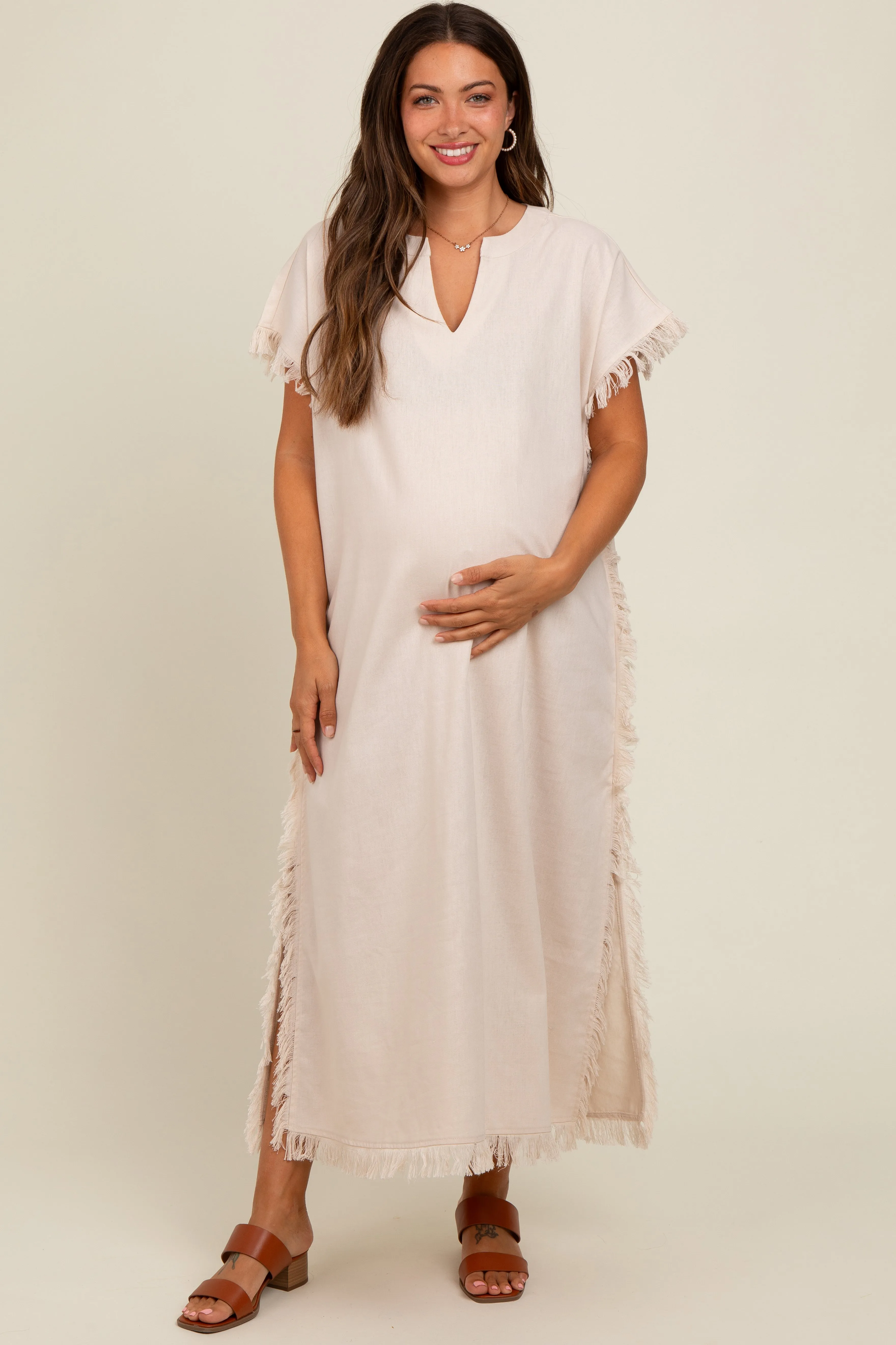Cream Linen Fringe Accent Side Slit Maternity Midi Dress sold by Pinkblush