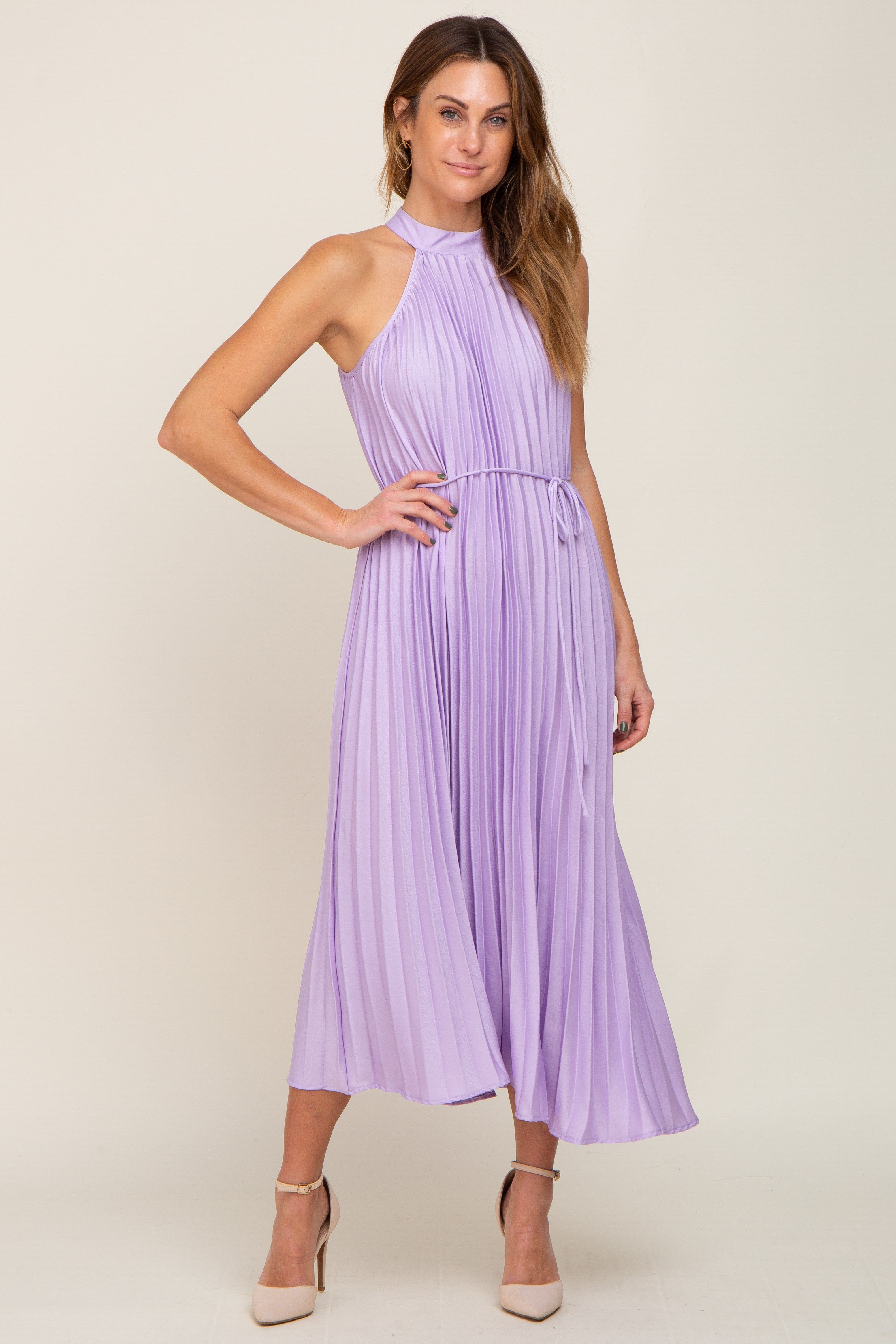 Lavender Pleated Halter Dress sold by Pinkblush