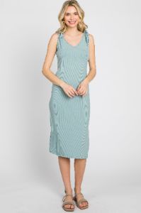 Mint Green Ribbed Shoulder Tie Midi Dress sold by Pinkblush