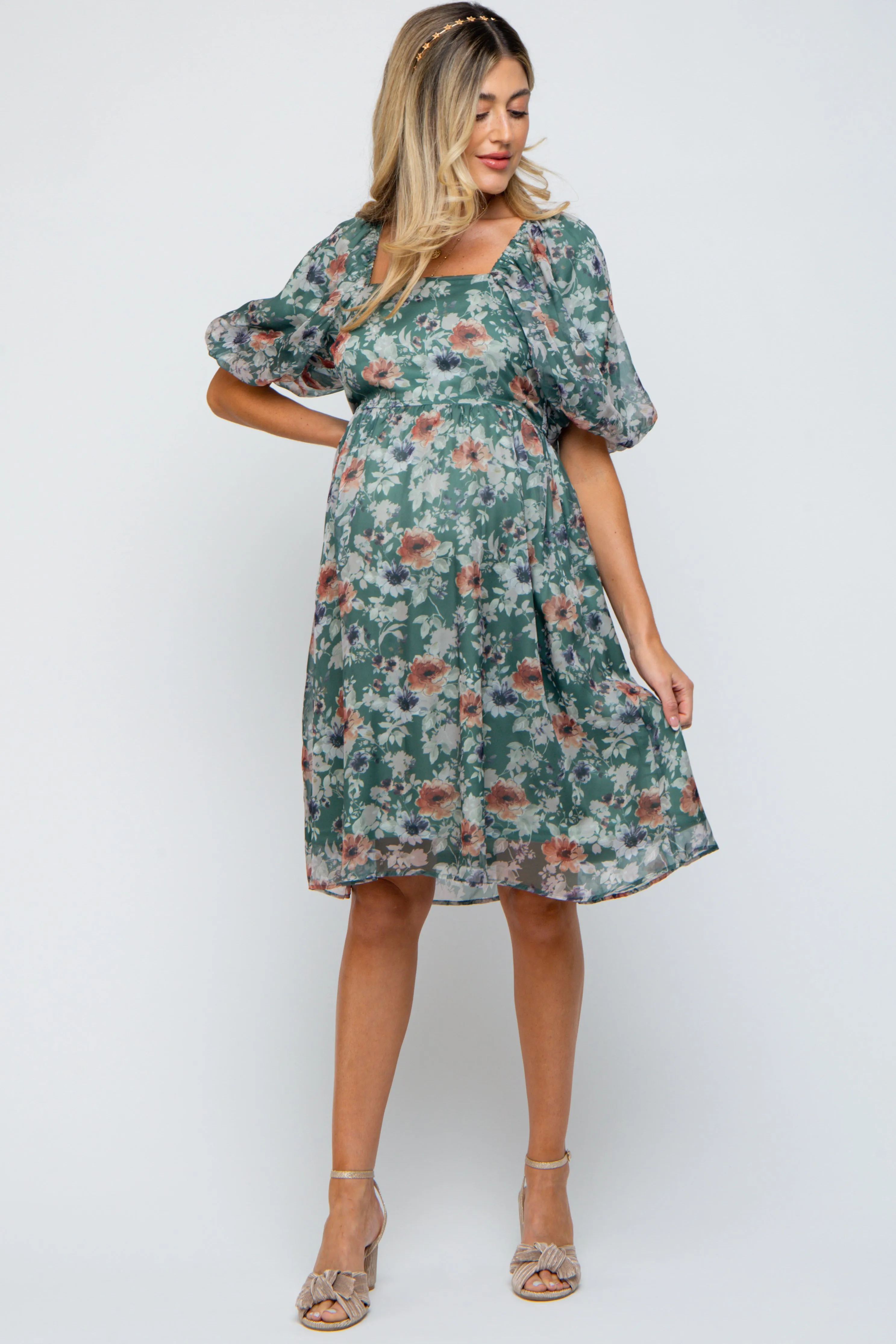 Green Floral Puff Sleeve Maternity Dress sold by Pinkblush product image thumbnail 5