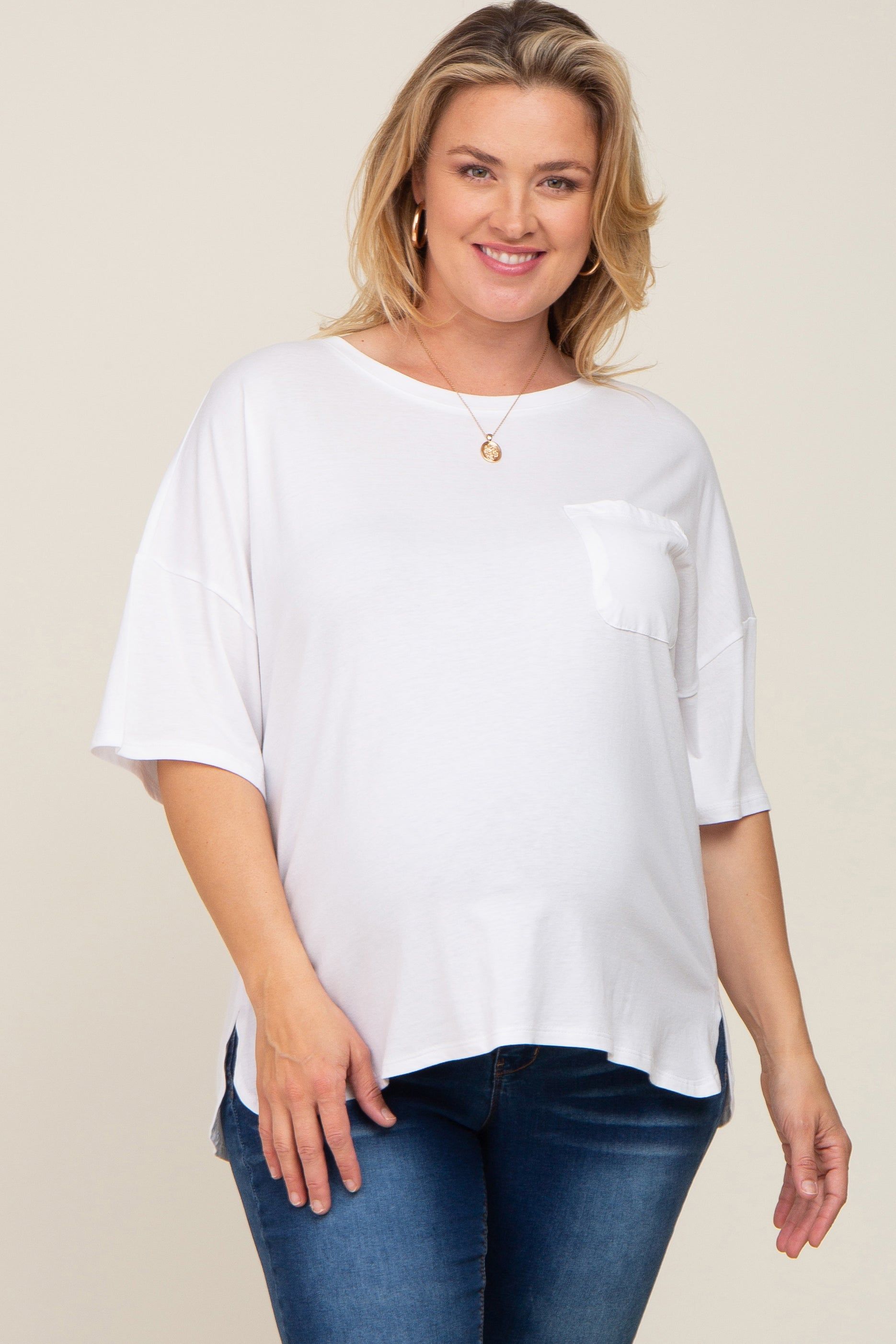 White Short Sleeve Pocketed Plus Maternity Top sold by Pinkblush