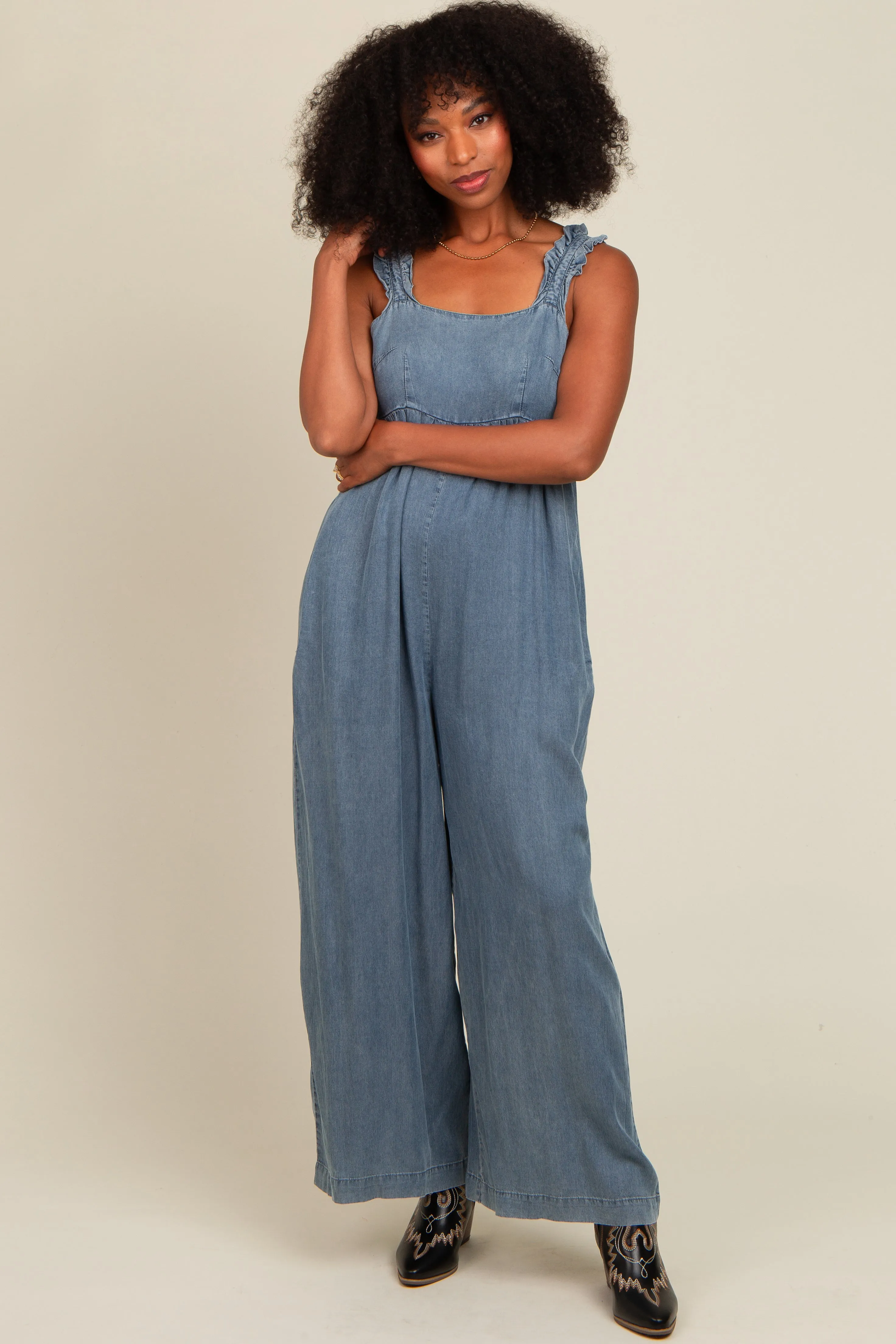 Denim Chambray Cutout Jumpsuit sold by Pinkblush