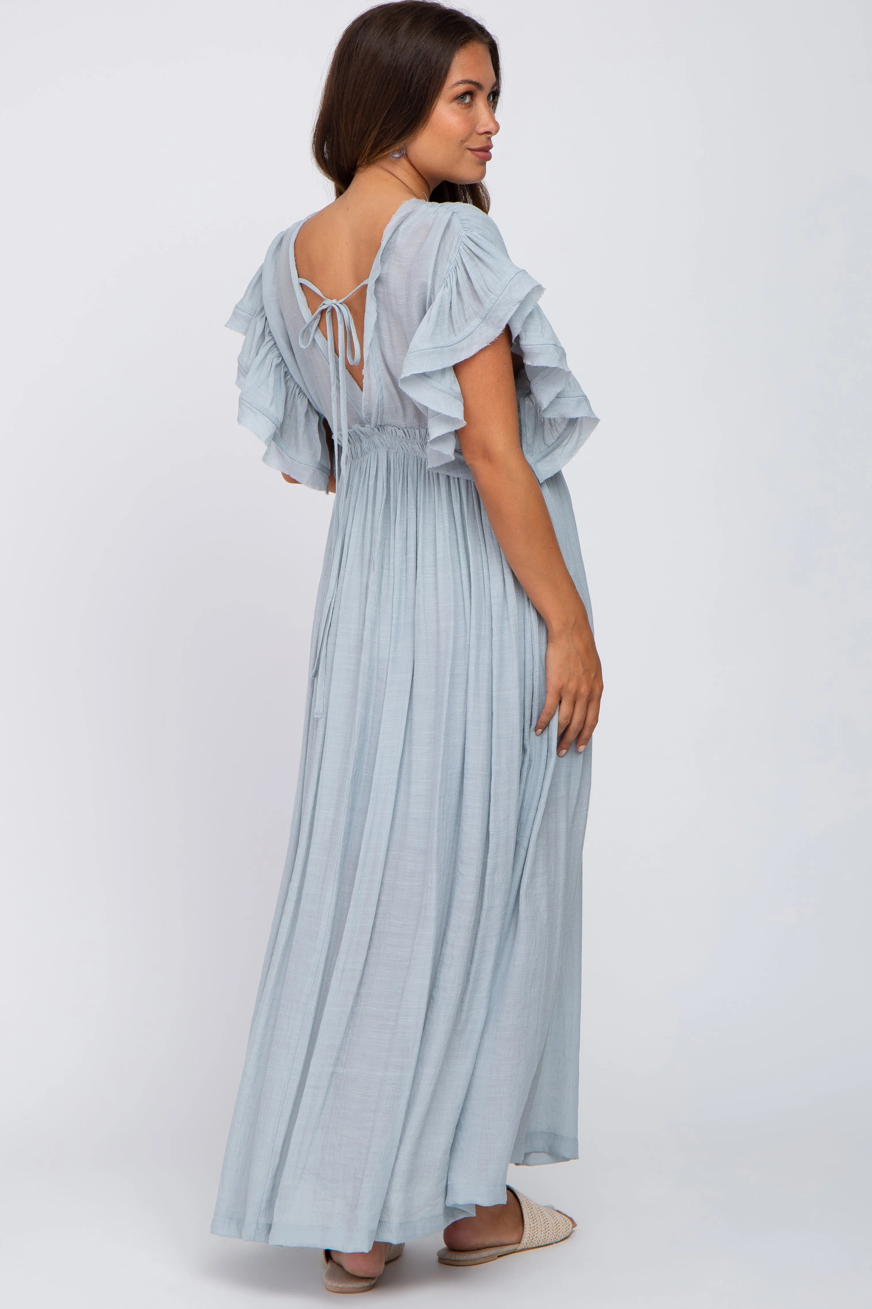 Light Blue Deep V-Neck Button Down Maternity Maxi Dress sold by Pinkblush product image thumbnail 3