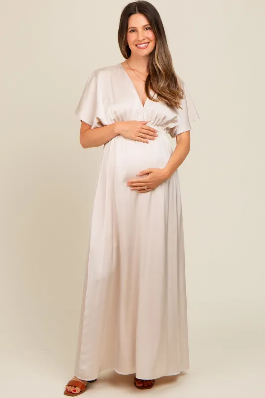 Cream Satin V-Neck Flutter Short Sleeve Maternity Maxi Dress sold by Pinkblush