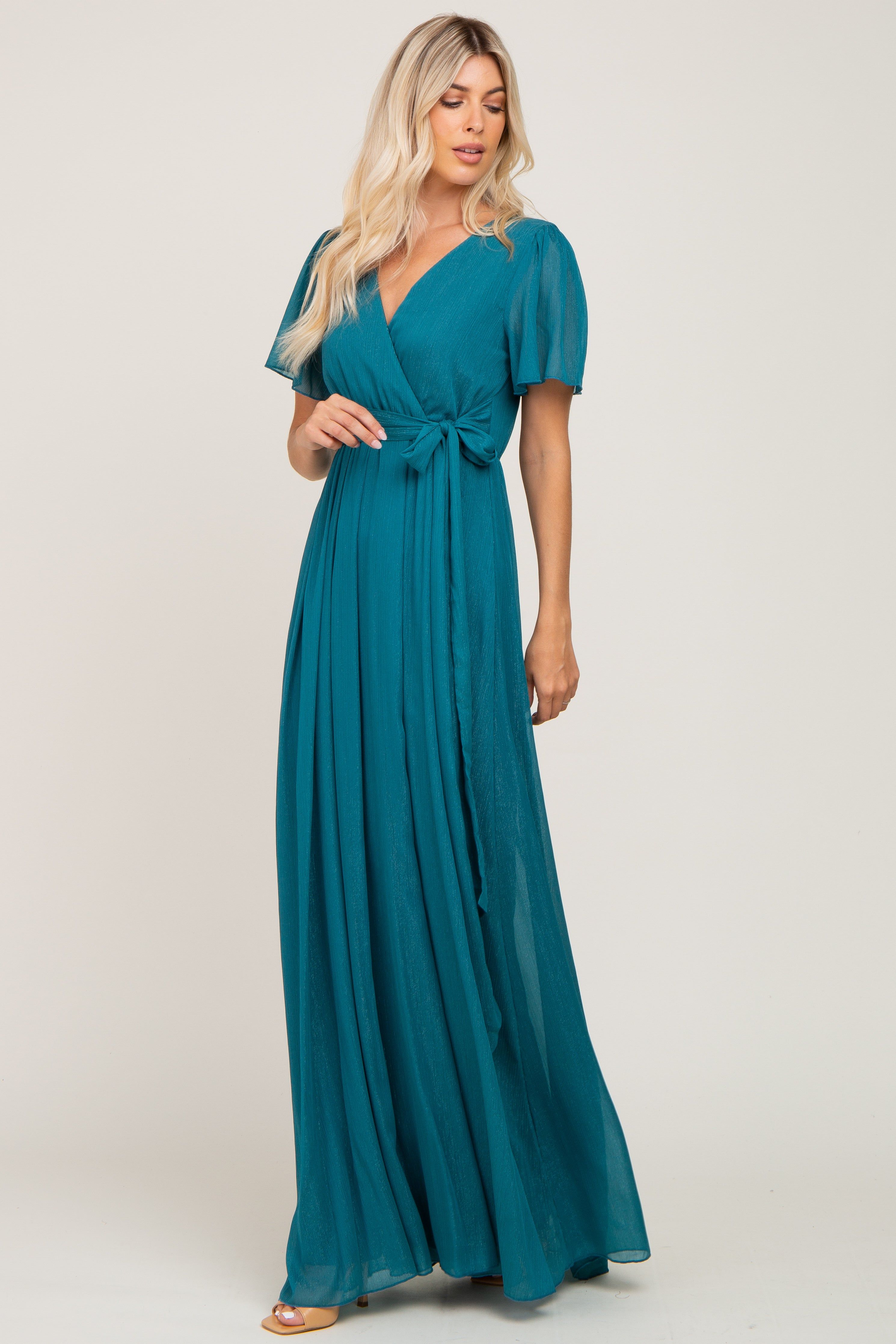 Teal Metallic Shimmer Chiffon Maxi Dress sold by Pinkblush product image thumbnail 2