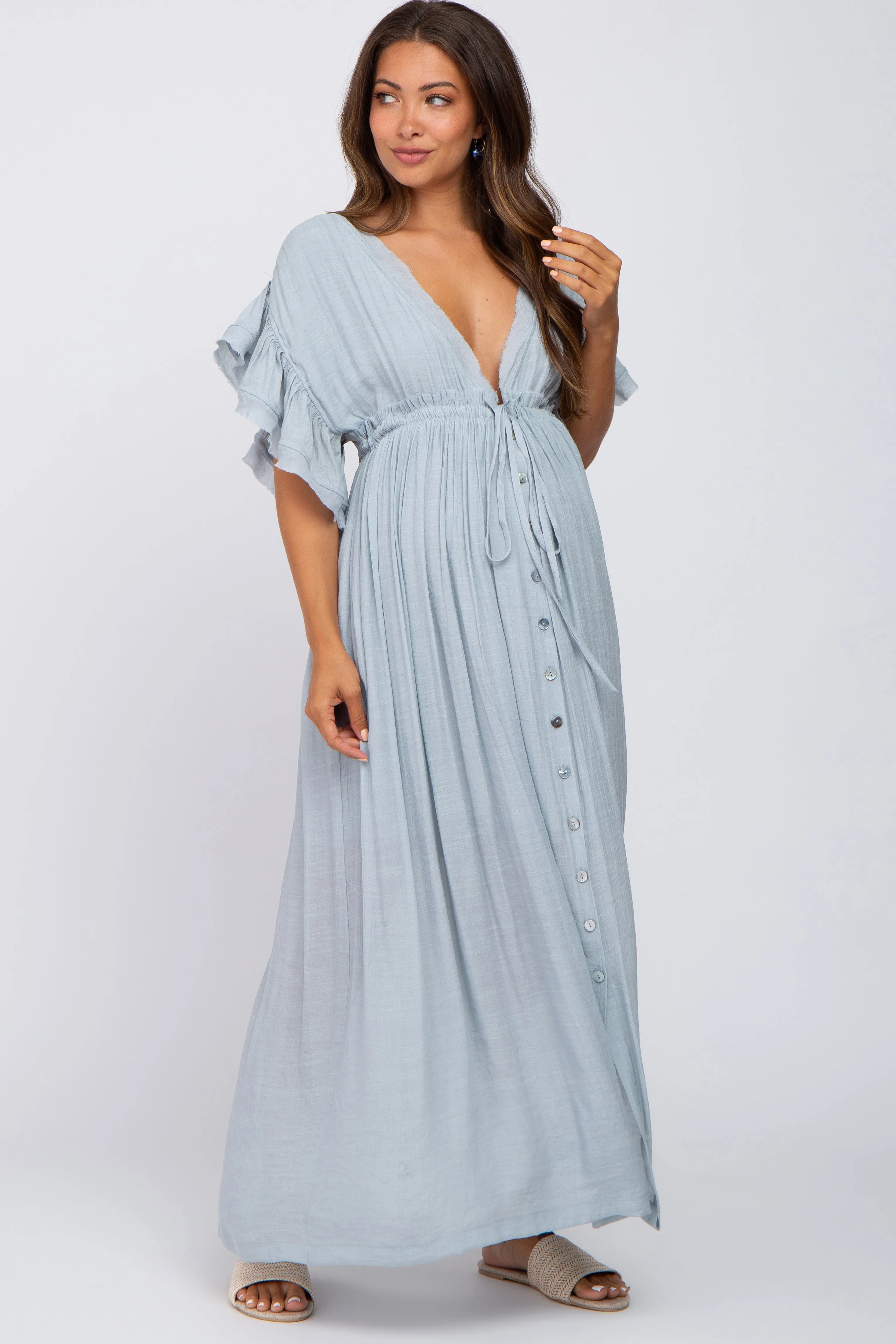 Light Blue Deep V-Neck Button Down Maternity Maxi Dress sold by Pinkblush product image thumbnail 4