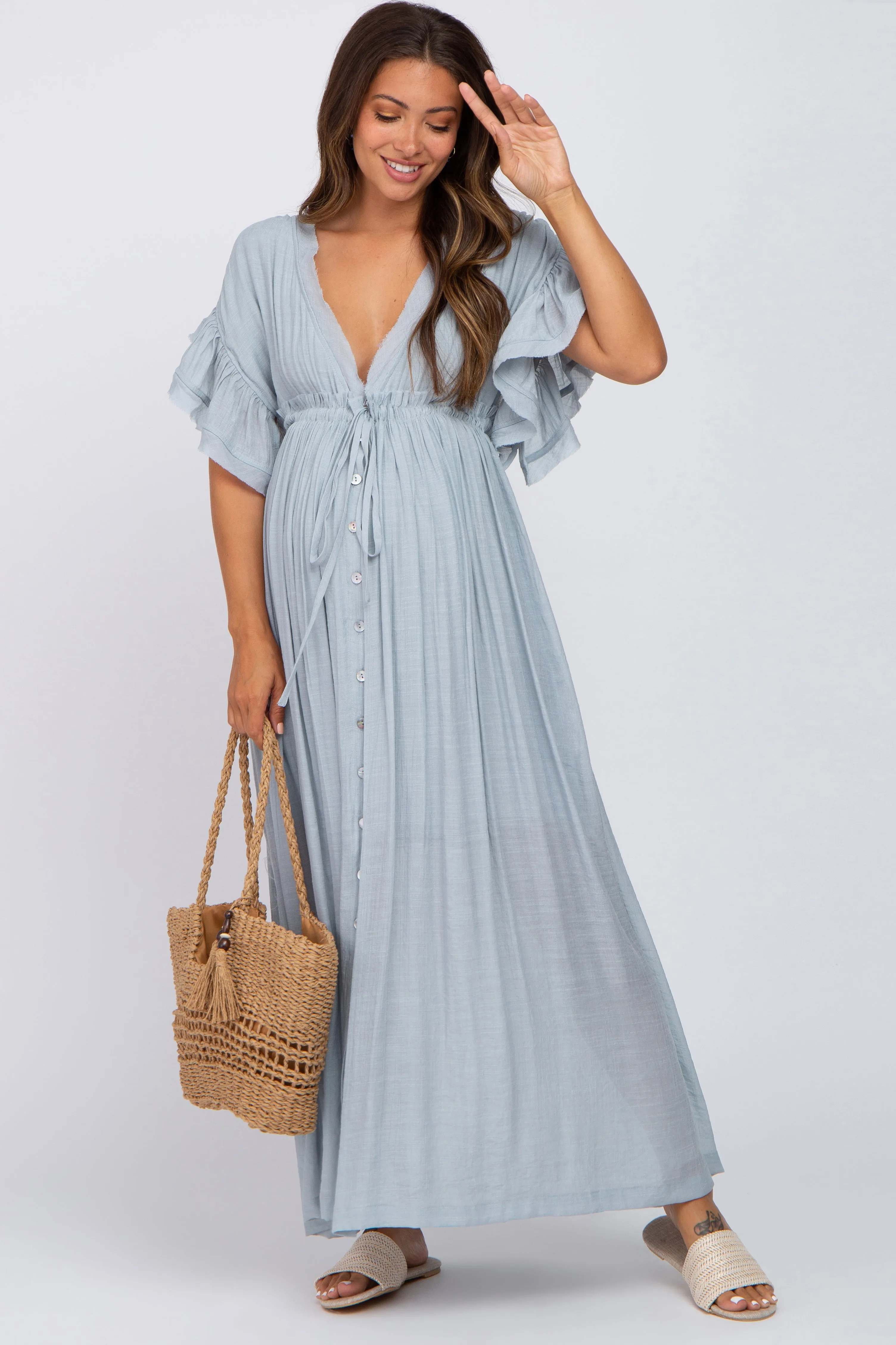 Light Blue Deep V-Neck Button Down Maternity Maxi Dress sold by Pinkblush
