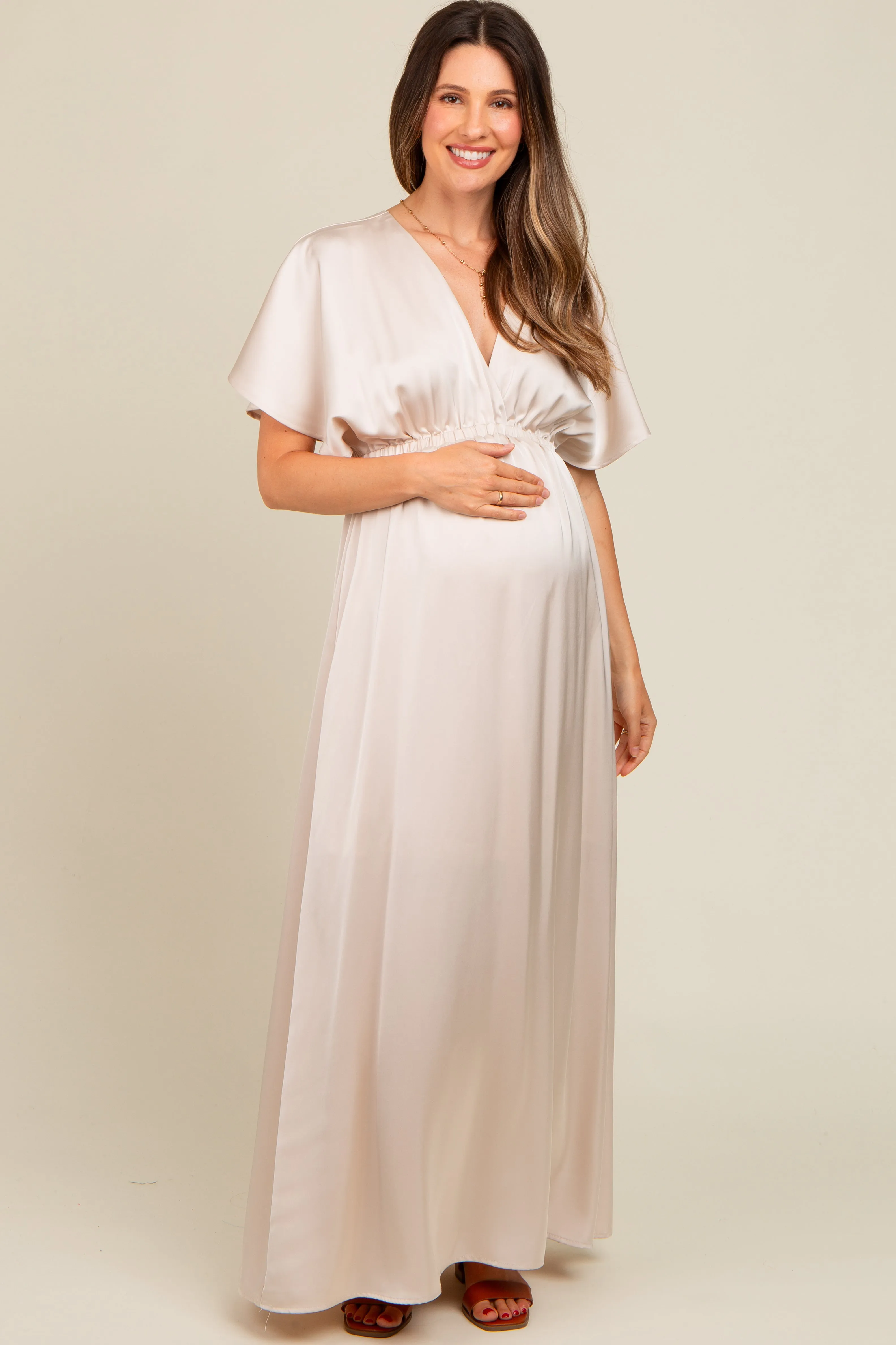 Cream Satin V-Neck Flutter Short Sleeve Maternity Maxi Dress sold by Pinkblush product image thumbnail 2