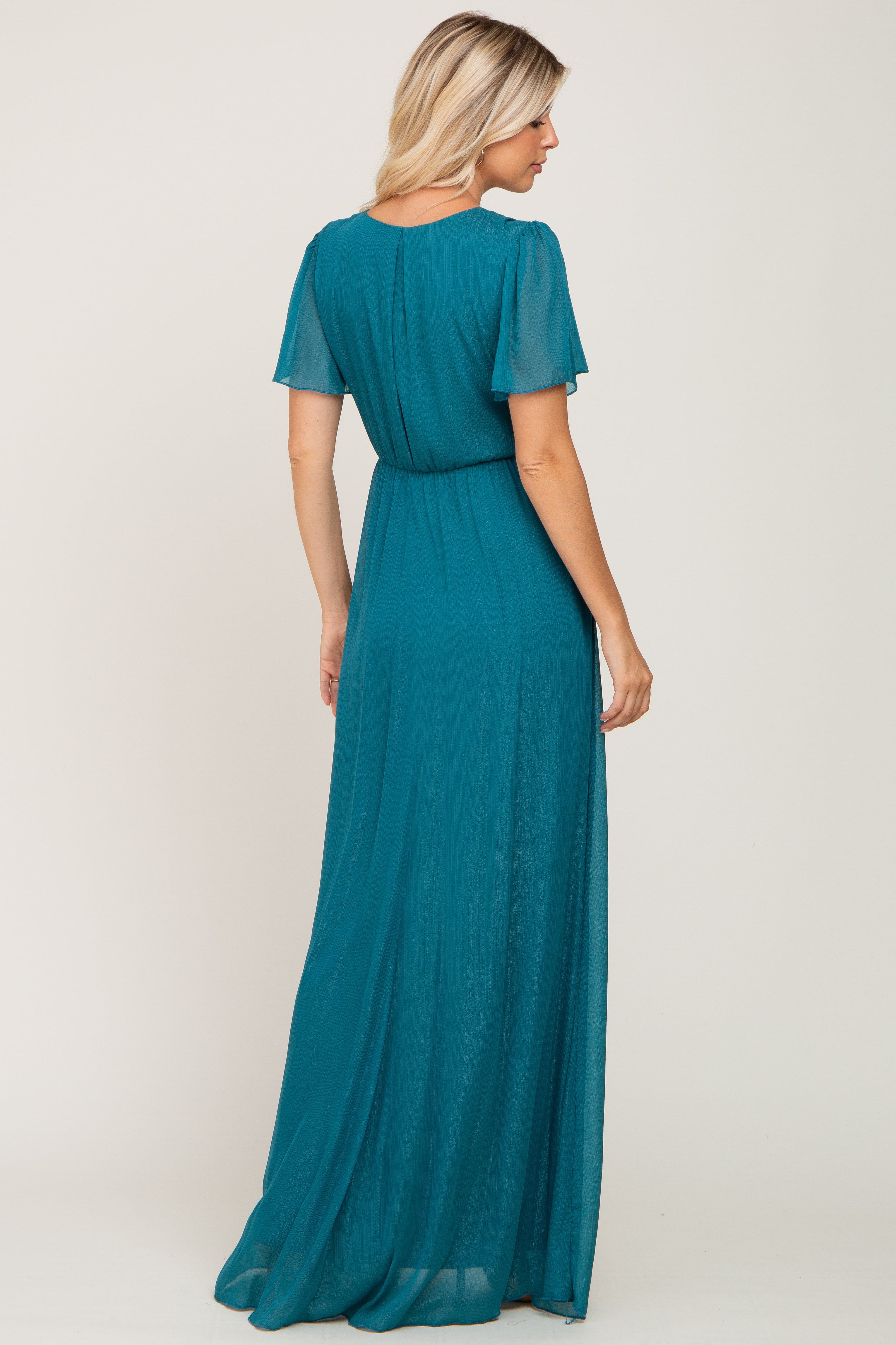 Teal Metallic Shimmer Chiffon Maxi Dress sold by Pinkblush product image thumbnail 3