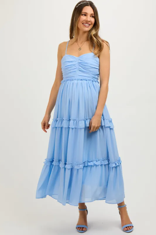 Light Blue Sleeveless Pleated Ruffle Tiered Maternity Midi Dress sold by Pinkblush