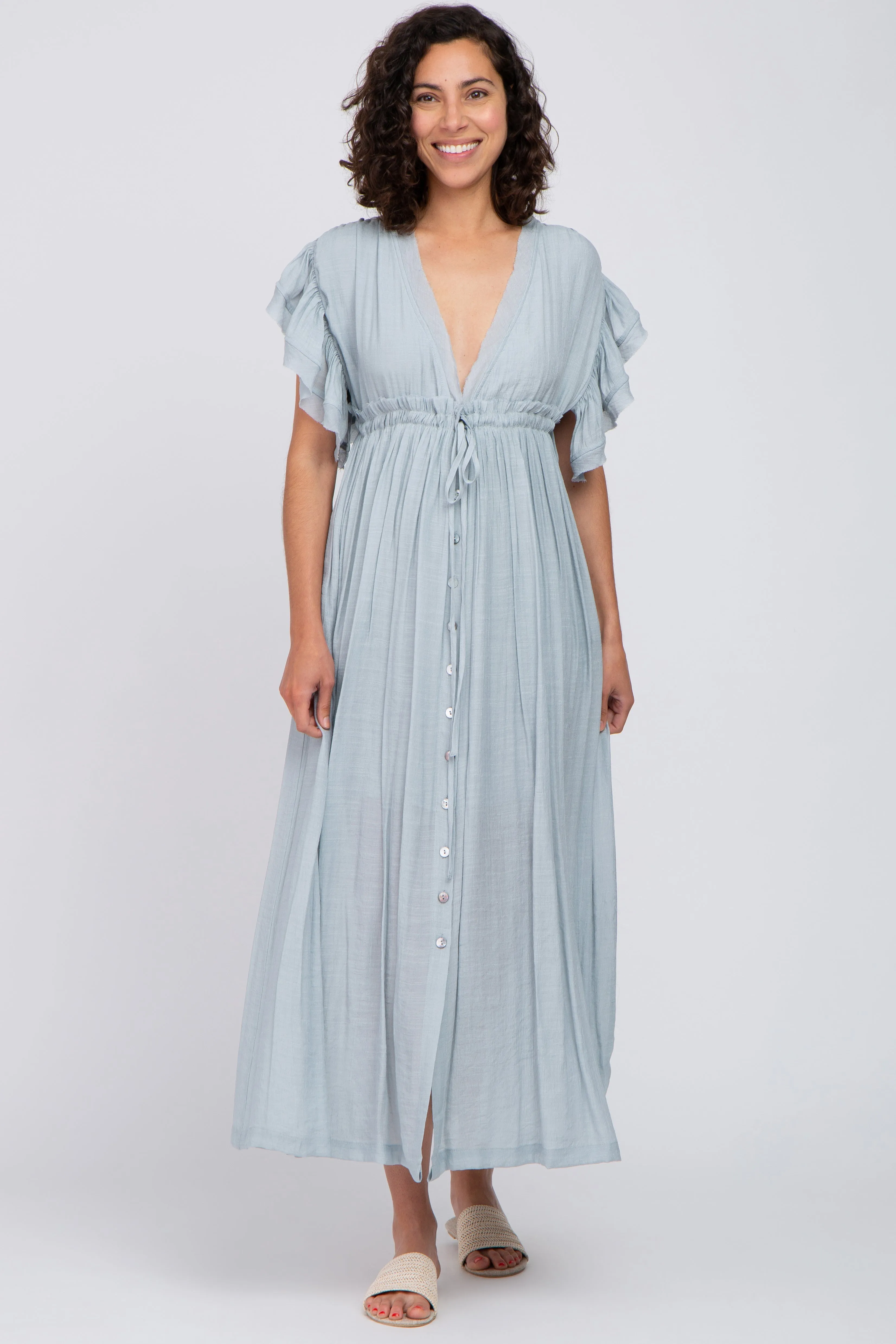 Light Blue Deep V-Neck Button Down Maternity Maxi Dress sold by Pinkblush product image thumbnail 5