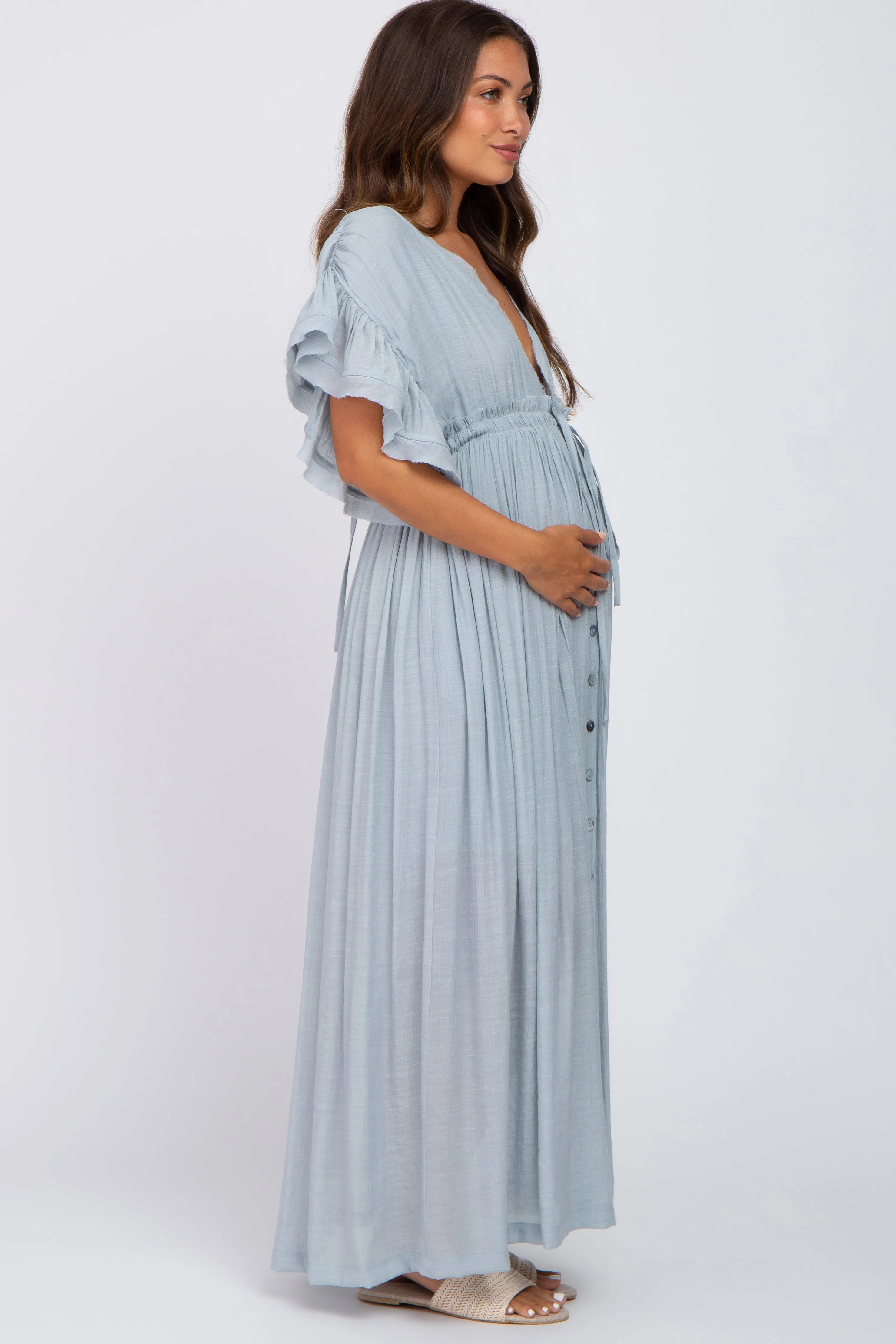 Light Blue Deep V-Neck Button Down Maternity Maxi Dress sold by Pinkblush product image thumbnail 2